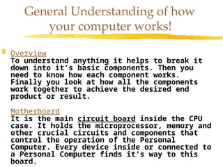 General Understanding of how
your computer works!
 Overview
To understand anything it helps to break it
down into it's basic components. Then you
need to know how each component works.
Finally you look at how all the components
work together to achieve the desired end
product or result.
Motherboard
It is the main circuit board inside the CPU
case. It holds the microprocessor, memory and
other crucial circuits and components that
control the operation of the Personal
Computer. Every device inside or connected to
a Personal Computer finds it's way to this
board.
 