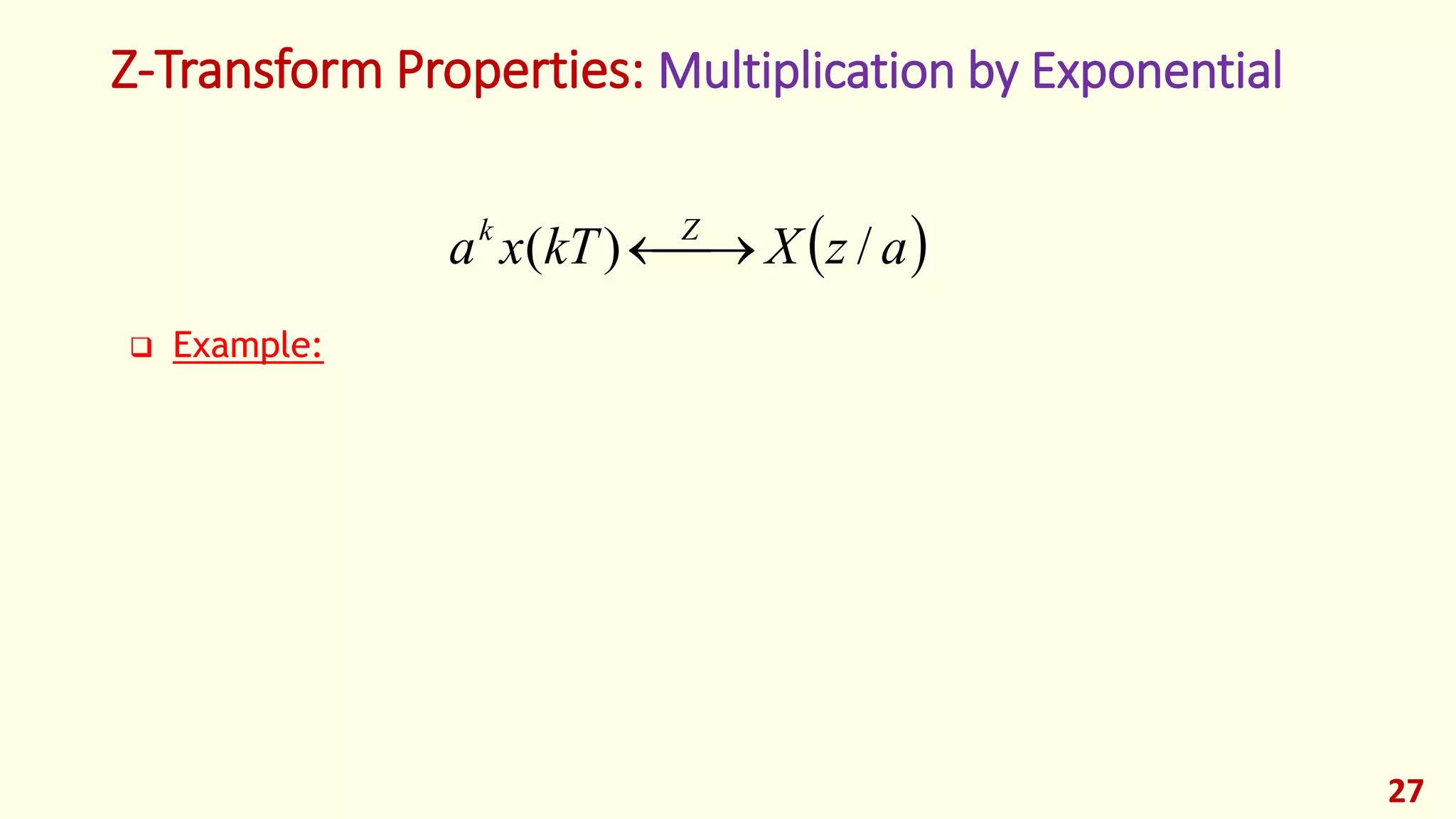 Z-Transform Properties: Multiplication by Exponential
27
 azXkTxa Zk
/)( 
 Example:
 