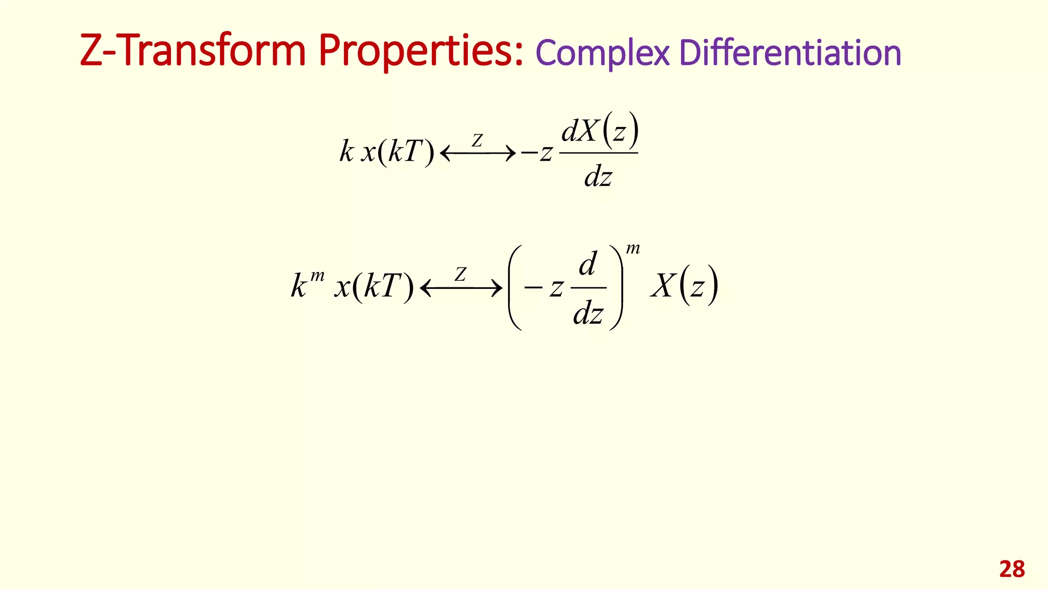 Z-Transform Properties: Complex Differentiation
28
 
dz
zdX
zkTxk Z
)(
 zX
dz
d
zkTxk
m
Zm






)(
 