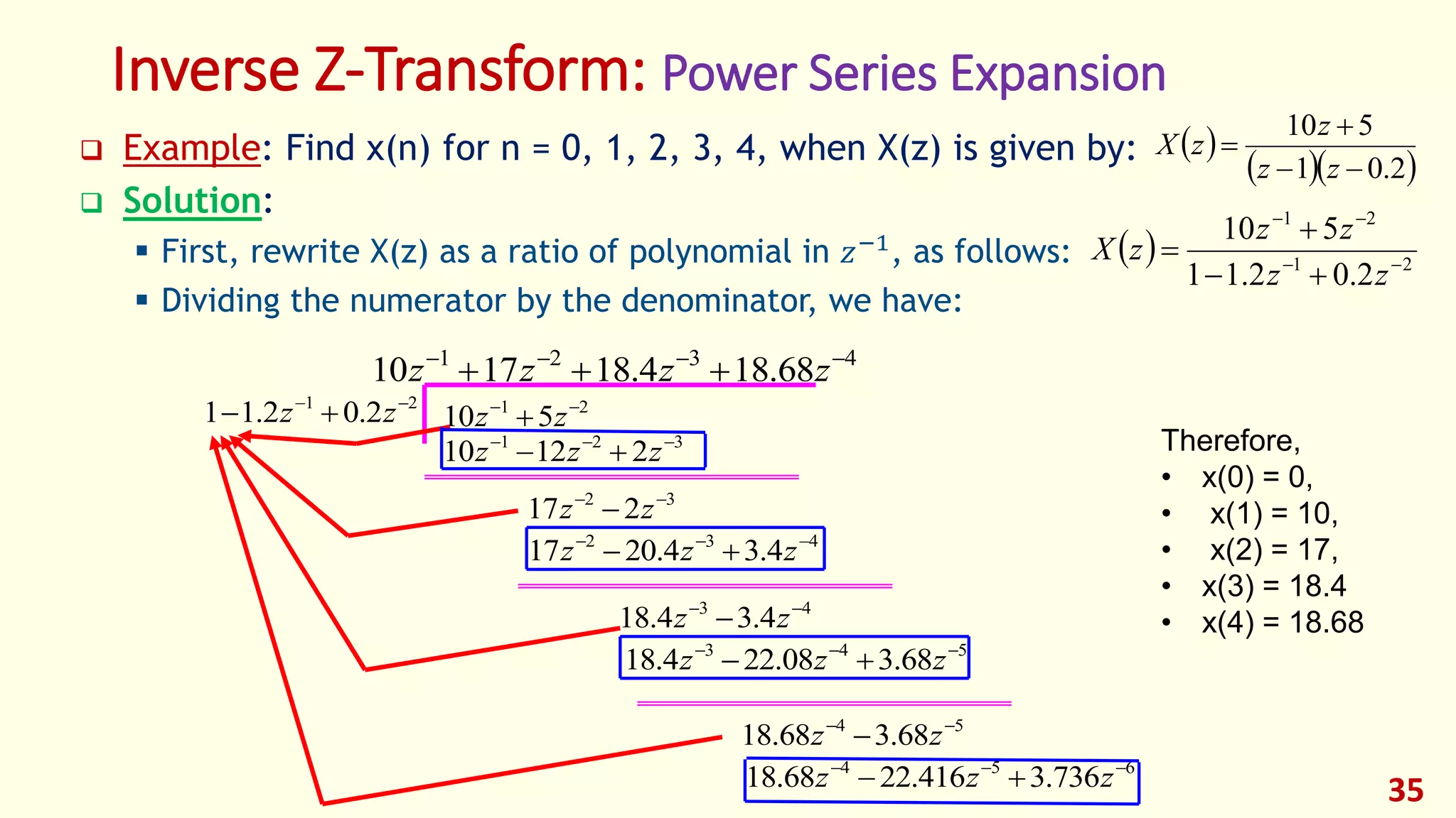 Inverse Z-Transform: Power Series Expansion
 Example: Find x(n) for n = 0, 1, 2, 3, 4, when X(z) is given by:
 Solution:
 First, rewrite X(z) as a ratio of polynomial in 𝑧−1
, as follows:
 Dividing the numerator by the denominator, we have:
35
 
  2.01
510



zz
z
zX
  21
21
2.02.11
510





zz
zz
zX
4321
68.184.181710 
 zzzz
21
2.02.11 
 zz 21
510 
 zz
32
217 
 zz
432
4.34.2017 
 zzz
43
4.34.18 
 zz
543
68.308.224.18 
 zzz
54
68.368.18 
 zz
654
736.3416.2268.18 
 zzz
321
21210 
 zzz Therefore,
• x(0) = 0,
• x(1) = 10,
• x(2) = 17,
• x(3) = 18.4
• x(4) = 18.68
 
