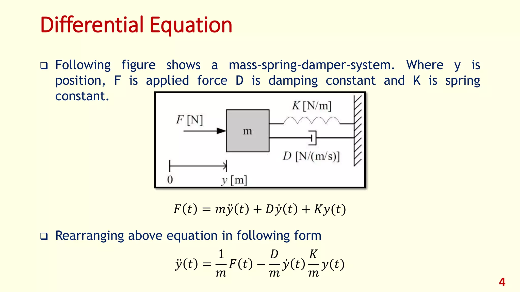 Differential Equation
 Following figure shows a mass-spring-damper-system. Where y is
position, F is applied force D is damping constant and K is spring
constant.
 Rearranging above equation in following form
4
𝐹 𝑡 = 𝑚 𝑦 𝑡 + 𝐷 𝑦 𝑡 + 𝐾𝑦(𝑡)
𝑦 𝑡 =
1
𝑚
𝐹 𝑡 −
𝐷
𝑚
𝑦 𝑡
𝐾
𝑚
𝑦(𝑡)
 