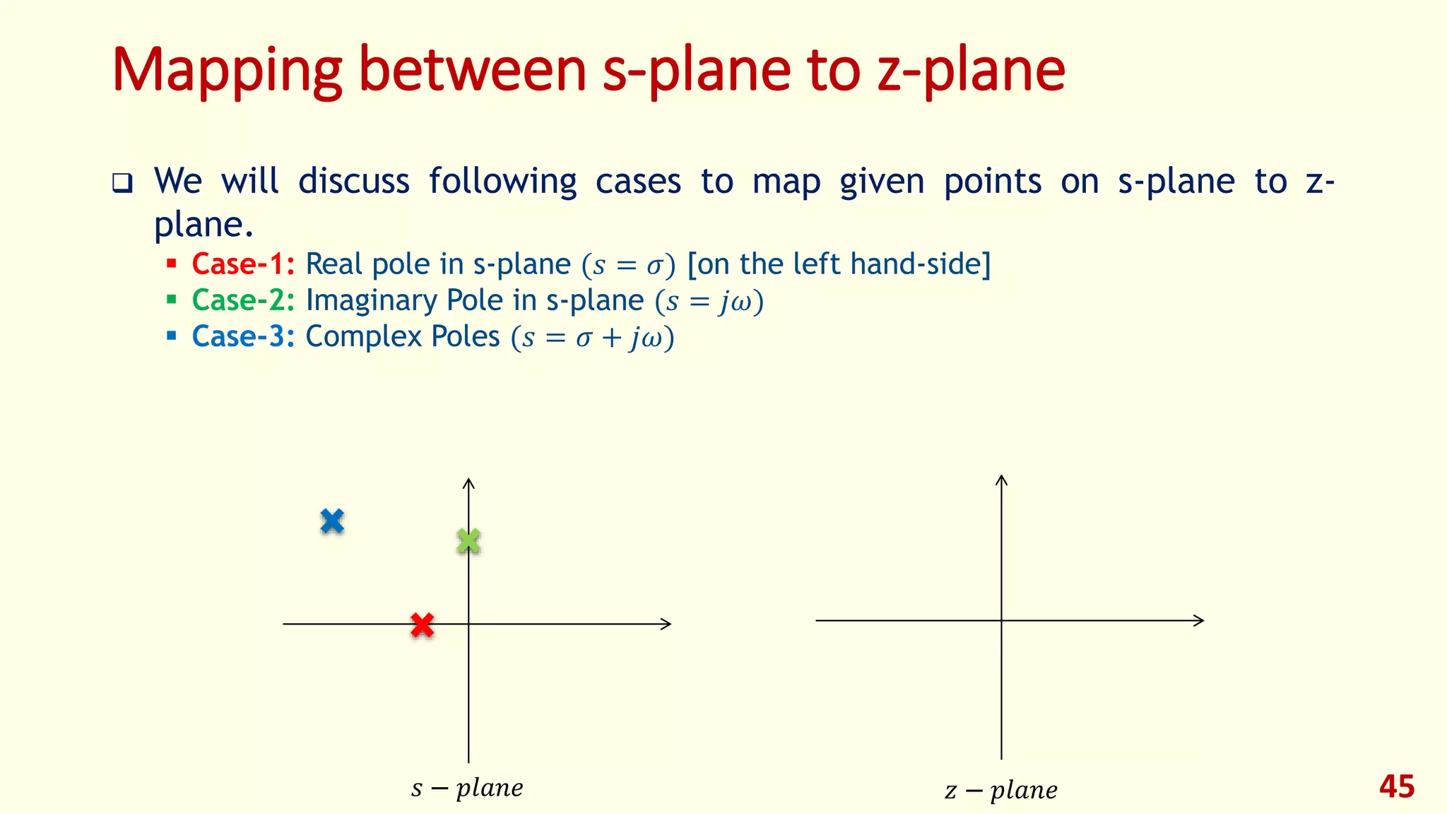 Mapping between s-plane to z-plane
 We will discuss following cases to map given points on s-plane to z-
plane.
 Case-1: Real pole in s-plane (𝑠 = 𝜎) [on the left hand-side]
 Case-2: Imaginary Pole in s-plane (𝑠 = 𝑗𝜔)
 Case-3: Complex Poles (𝑠 = 𝜎 + 𝑗𝜔)
45𝑠 − 𝑝𝑙𝑎𝑛𝑒 𝑧 − 𝑝𝑙𝑎𝑛𝑒
 