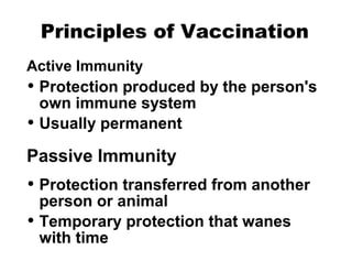 Principles of Vaccination
• Protection produced by the person's
own immune system
• Usually permanent
• Protection transferred from another
person or animal
• Temporary protection that wanes
with time
Active Immunity
Passive Immunity
 