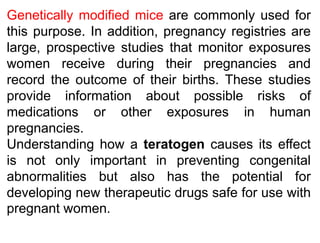 Genetically modified mice are commonly used for
this purpose. In addition, pregnancy registries are
large, prospective studies that monitor exposures
women receive during their pregnancies and
record the outcome of their births. These studies
provide information about possible risks of
medications or other exposures in human
pregnancies.
Understanding how a teratogen causes its effect
is not only important in preventing congenital
abnormalities but also has the potential for
developing new therapeutic drugs safe for use with
pregnant women.
 