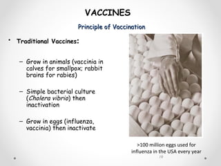 Principle of VaccinationPrinciple of Vaccination
19
VACCINES
• Traditional Vaccines:
– Grow in animals (vaccinia in
calves for smallpox; rabbit
brains for rabies)
– Simple bacterial culture
(Cholera vibrio) then
inactivation
– Grow in eggs (influenza,
vaccinia) then inactivate
>100 million eggs used for
influenza in the USA every year
 