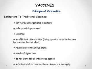 Principle of VaccinationPrinciple of Vaccination
20
VACCINES
Limitations To Traditional Vaccines:
-> can’t grow all organisms in culture
-> safety to lab personnel
-> Expense
-> insufficient attentuation (living agent altered to become
harmless or less virulent)
-> reversion to infectious state
-> need refrigeration
-> do not work for all infectious agents
-> infants/children receive them – immature immunity
 
