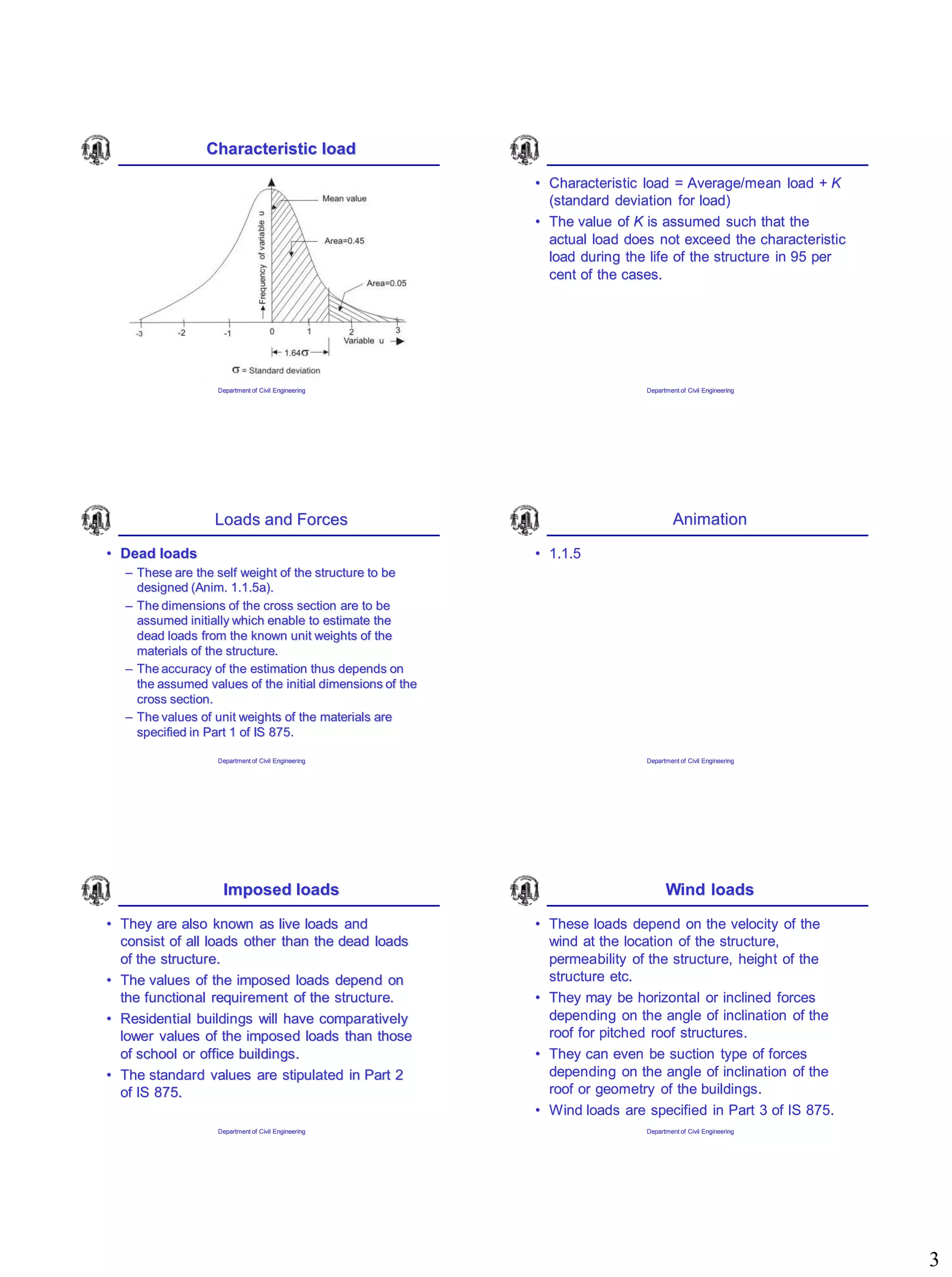 3
Characteristic load
Department of Civil Engineering
• Characteristic load = Average/mean load + K
(standard deviation for load)
• The value of K is assumed such that the
actual load does not exceed the characteristic
load during the life of the structure in 95 per
cent of the cases.
Department of Civil Engineering
Loads and Forces
• Dead loads
– These are the self weight of the structure to be
designed (Anim. 1.1.5a).
– The dimensions of the cross section are to be
assumed initially which enable to estimate the
dead loads from the known unit weights of the
materials of the structure.
– The accuracy of the estimation thus depends on
the assumed values of the initial dimensions of the
cross section.
– The values of unit weights of the materials are
specified in Part 1 of IS 875.
Department of Civil Engineering Department of Civil Engineering
Animation
• 1.1.5
Imposed loads
• They are also known as live loads and
consist of all loads other than the dead loads
of the structure.
• The values of the imposed loads depend on
the functional requirement of the structure.
• Residential buildings will have comparatively
lower values of the imposed loads than those
of school or office buildings.
• The standard values are stipulated in Part 2
of IS 875.
Department of Civil Engineering
Wind loads
• These loads depend on the velocity of the
wind at the location of the structure,
permeability of the structure, height of the
structure etc.
• They may be horizontal or inclined forces
depending on the angle of inclination of the
roof for pitched roof structures.
• They can even be suction type of forces
depending on the angle of inclination of the
roof or geometry of the buildings.
• Wind loads are specified in Part 3 of IS 875.
Department of Civil Engineering
 