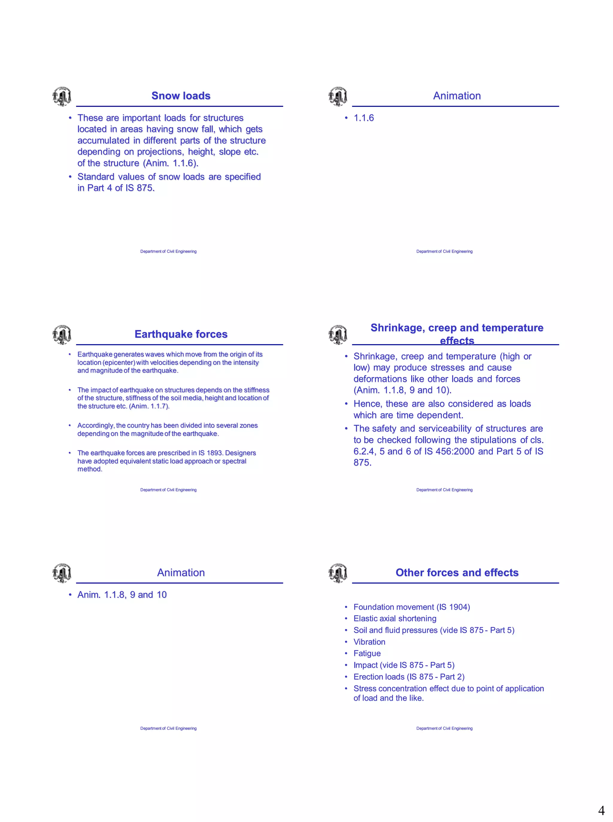 4
Snow loads
• These are important loads for structures
located in areas having snow fall, which gets
accumulated in different parts of the structure
depending on projections, height, slope etc.
of the structure (Anim. 1.1.6).
• Standard values of snow loads are specified
in Part 4 of IS 875.
Department of Civil Engineering Department of Civil Engineering
Animation
• 1.1.6
Earthquake forces
• Earthquake generates waves which move from the origin of its
location (epicenter)with velocities depending on the intensity
and magnitude of the earthquake.
• The impact of earthquake on structures depends on the stiffness
of the structure, stiffness of the soil media, height and location of
the structure etc. (Anim. 1.1.7).
• Accordingly, the country has been divided into several zones
depending on the magnitude of the earthquake.
• The earthquake forces are prescribed in IS 1893. Designers
have adopted equivalent static load approach or spectral
method.
Department of Civil Engineering
Shrinkage, creep and temperature
effects
• Shrinkage, creep and temperature (high or
low) may produce stresses and cause
deformations like other loads and forces
(Anim. 1.1.8, 9 and 10).
• Hence, these are also considered as loads
which are time dependent.
• The safety and serviceability of structures are
to be checked following the stipulations of cls.
6.2.4, 5 and 6 of IS 456:2000 and Part 5 of IS
875.
Department of Civil Engineering
Department of Civil Engineering
Animation
• Anim. 1.1.8, 9 and 10
Other forces and effects
• Foundation movement (IS 1904)
• Elastic axial shortening
• Soil and fluid pressures (vide IS 875 - Part 5)
• Vibration
• Fatigue
• Impact (vide IS 875 - Part 5)
• Erection loads (IS 875 - Part 2)
• Stress concentration effect due to point of application
of load and the like.
Department of Civil Engineering
 
