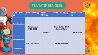 TENTATIF BENGKEL
8.30 – 9.00
pg
9.00 – 10.00 pg 10.00 –
10.10 pg
10.10 – 11.30 pg 11.30 – 11.45
pg
Pendahuluan
Kandungan
DCS 2022
EN ZUL FAUZI
REHAT
Cara Daftar DCS
Guru & Murid
EN SHAMSURY
PENUTUP
Pendaftaran
EN RODZI
 