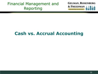 Financial Management and
Reporting

Cash vs. Accrual Accounting

32

 