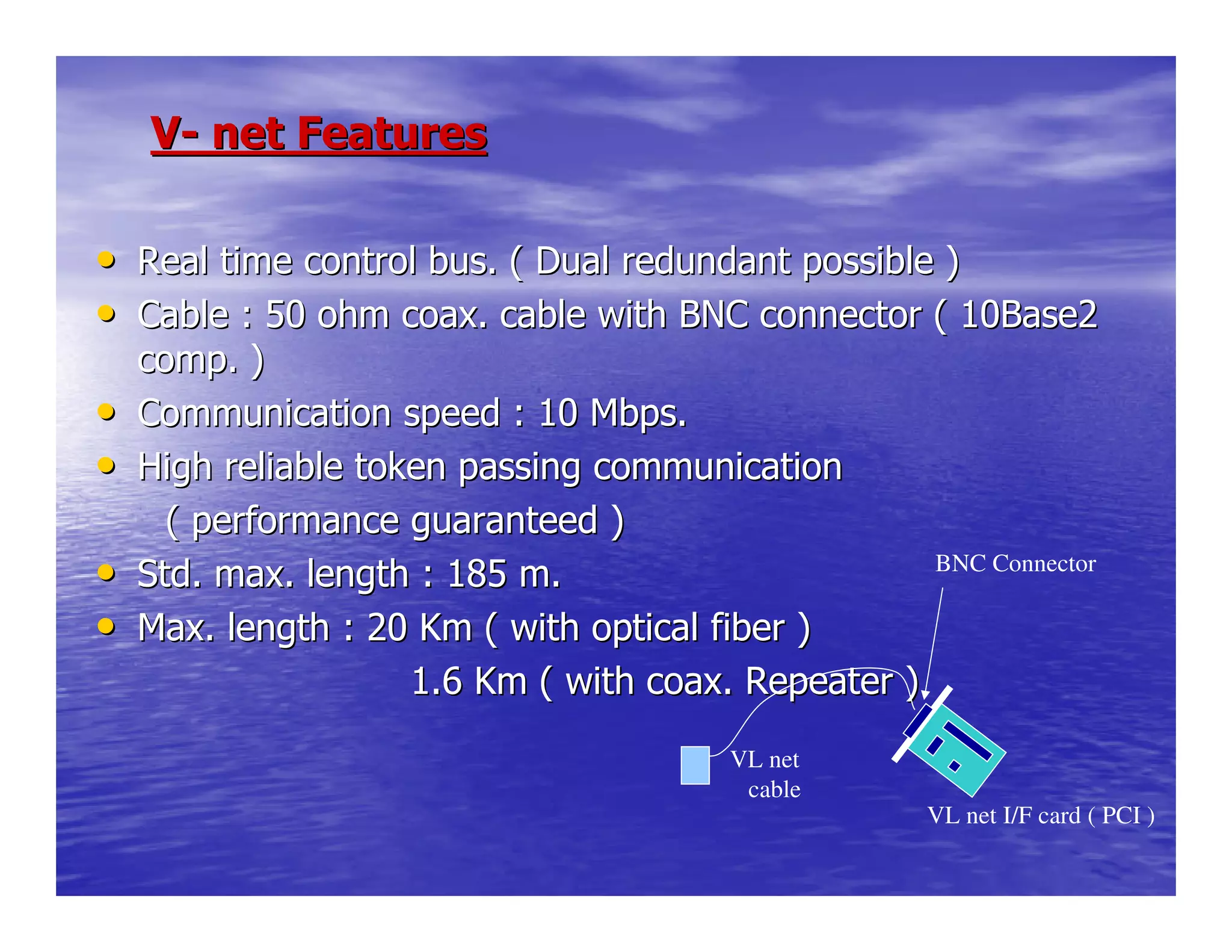 VV-- net Featuresnet Features
•• Real time control bus. ( Dual redundant possible )Real time control bus. ( Dual redundant possible )
•• Cable : 50 ohm coax. cable with BNC connector ( 10Base2Cable : 50 ohm coax. cable with BNC connector ( 10Base2
comp. )comp. )
•• Communication speed : 10 Mbps.Communication speed : 10 Mbps.
•• High reliable token passing communicationHigh reliable token passing communication
( performance guaranteed )( performance guaranteed )
•• Std. max. length : 185 m.Std. max. length : 185 m.
•• Max. length : 20 Km ( with optical fiber )Max. length : 20 Km ( with optical fiber )
1.6 Km ( with coax. Repeater )1.6 Km ( with coax. Repeater )
BNC Connector
VL net I/F card ( PCI )
VL net
cable
 