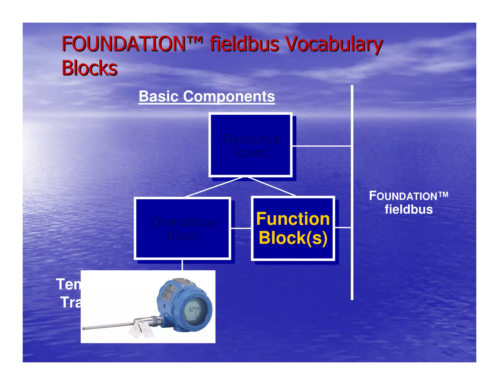 Function
Block(s)
Function
Block(s)
TransducerTransducer
BlockBlock
Resource
Block
ResourceResource
BlockBlock
FOUNDATION™
fieldbus
Temperature
Transmitter
FOUNDATIONFOUNDATION™™ fieldbus Vocabularyfieldbus Vocabulary
BlocksBlocks
Basic Components
 