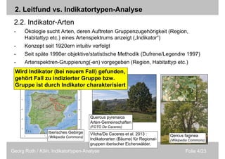 Folie 4/23Georg Roth / Köln, Indikatortypen-Analyse
2. Leitfund vs. Indikatortypen-Analyse
2.2. Indikator-Arten
- Ökologie sucht Arten, deren Auftreten Gruppenzugehörigkeit (Region,
Habitattyp etc.) eines Artenspektrums anzeigt („Indikator“)
- Konzept seit 1920ern intuitiv verfolgt
- Seit späte 1990er objektive/statistische Methodik (Dufrene/Legendre 1997)
- Artenspektren-Gruppierung(-en) vorgegeben (Region, Habitattyp etc.)
Vilcha/De Caceres et al. 2013 :
Indikatorarten (Bäume) für Regional-
gruppen iberischer Eichenwälder.
Qercus faginea
(Wikipedia Commons)
Quercus pyrenaica
Arten-Gemeinschaften
(FOTO De Caceres)
Iberisches Gebirge
(Wikipedia Commons)
Wird Indikator (bei neuem Fall) gefunden,
gehört Fall zu indizierter Gruppe bzw.
Gruppe ist durch Indikator charakterisiert
 