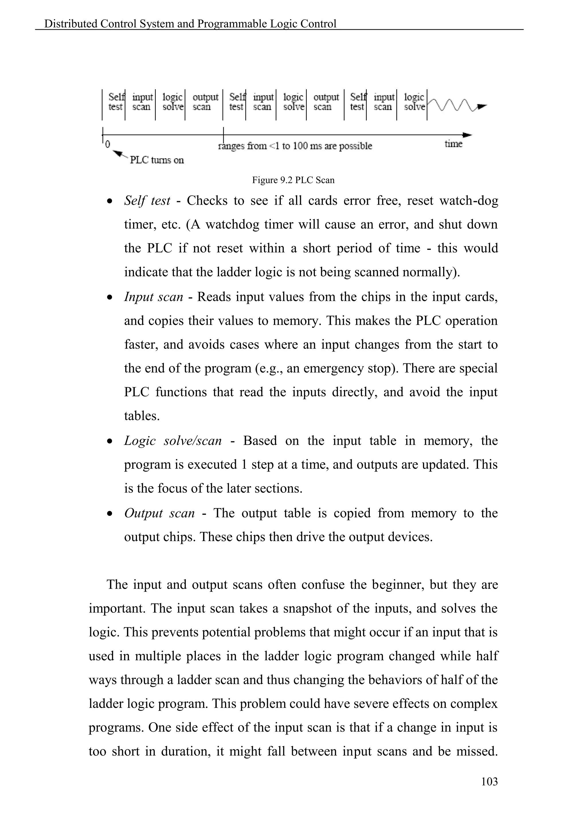 Distributed Control System and Programmable Logic Control




                                        Figure 9.2 PLC Scan

             Self test - Checks to see if all cards error free, reset watch-dog
               timer, etc. (A watchdog timer will cause an error, and shut down
               the PLC if not reset within a short period of time - this would
               indicate that the ladder logic is not being scanned normally).
             Input scan - Reads input values from the chips in the input cards,
               and copies their values to memory. This makes the PLC operation
               faster, and avoids cases where an input changes from the start to
               the end of the program (e.g., an emergency stop). There are special
               PLC functions that read the inputs directly, and avoid the input
               tables.
             Logic solve/scan - Based on the input table in memory, the
               program is executed 1 step at a time, and outputs are updated. This
               is the focus of the later sections.
             Output scan - The output table is copied from memory to the
               output chips. These chips then drive the output devices.


            The input and output scans often confuse the beginner, but they are
        important. The input scan takes a snapshot of the inputs, and solves the
        logic. This prevents potential problems that might occur if an input that is
        used in multiple places in the ladder logic program changed while half
        ways through a ladder scan and thus changing the behaviors of half of the
        ladder logic program. This problem could have severe effects on complex
        programs. One side effect of the input scan is that if a change in input is
        too short in duration, it might fall between input scans and be missed.

                                                                                103
 