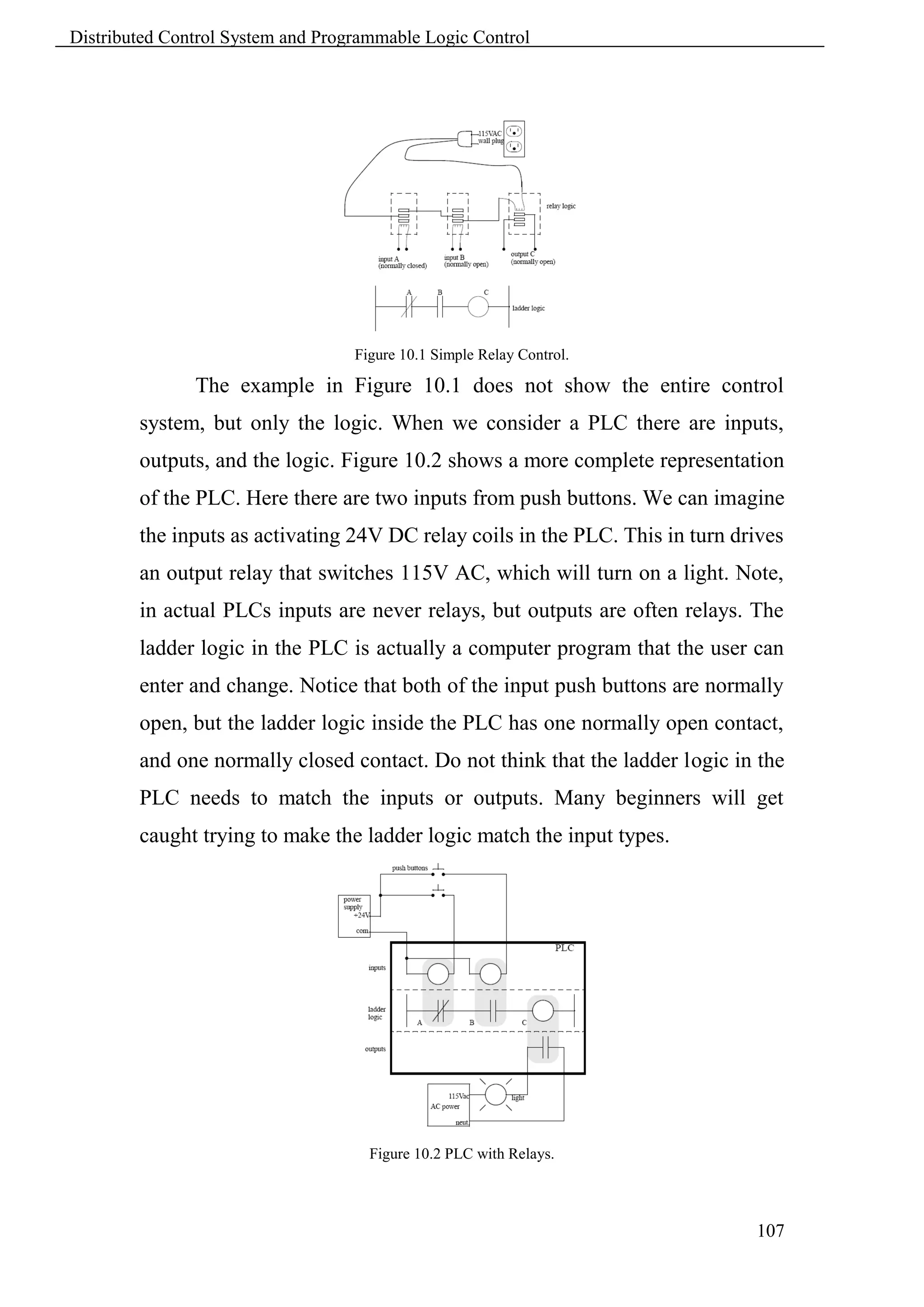 Distributed Control System and Programmable Logic Control




                                   Figure 10.1 Simple Relay Control.

               The example in Figure 10.1 does not show the entire control
        system, but only the logic. When we consider a PLC there are inputs,
        outputs, and the logic. Figure 10.2 shows a more complete representation
        of the PLC. Here there are two inputs from push buttons. We can imagine
        the inputs as activating 24V DC relay coils in the PLC. This in turn drives
        an output relay that switches 115V AC, which will turn on a light. Note,
        in actual PLCs inputs are never relays, but outputs are often relays. The
        ladder logic in the PLC is actually a computer program that the user can
        enter and change. Notice that both of the input push buttons are normally
        open, but the ladder logic inside the PLC has one normally open contact,
        and one normally closed contact. Do not think that the ladder logic in the
        PLC needs to match the inputs or outputs. Many beginners will get
        caught trying to make the ladder logic match the input types.




                                     Figure 10.2 PLC with Relays.




                                                                               107
 
