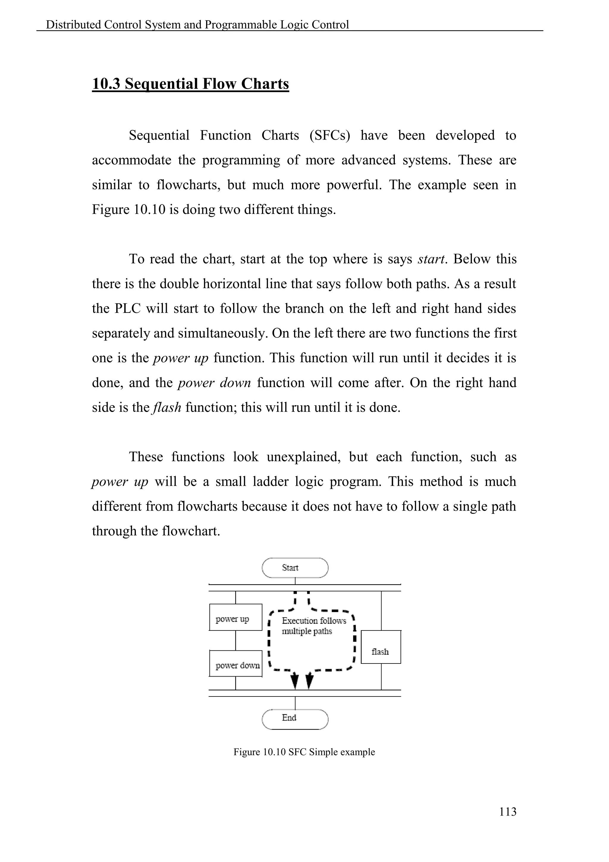 Distributed Control System and Programmable Logic Control



        10.3 Sequential Flow Charts


               Sequential Function Charts (SFCs) have been developed to
        accommodate the programming of more advanced systems. These are
        similar to flowcharts, but much more powerful. The example seen in
        Figure 10.10 is doing two different things.


               To read the chart, start at the top where is says start. Below this
        there is the double horizontal line that says follow both paths. As a result
        the PLC will start to follow the branch on the left and right hand sides
        separately and simultaneously. On the left there are two functions the first
        one is the power up function. This function will run until it decides it is
        done, and the power down function will come after. On the right hand
        side is the flash function; this will run until it is done.


               These functions look unexplained, but each function, such as
        power up will be a small ladder logic program. This method is much
        different from flowcharts because it does not have to follow a single path
        through the flowchart.




                                   Figure 10.10 SFC Simple example




                                                                                113
 