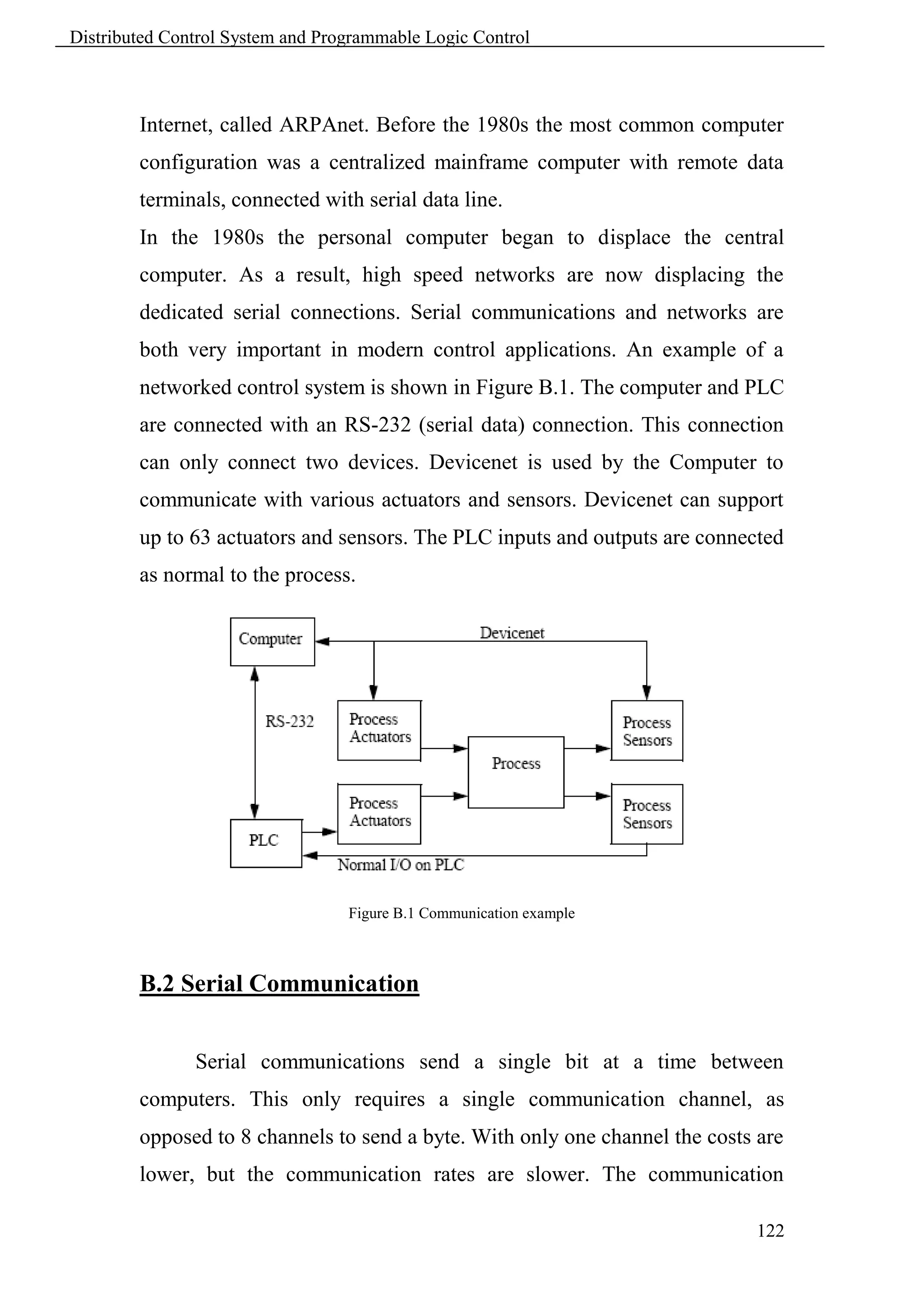 Distributed Control System and Programmable Logic Control



        Internet, called ARPAnet. Before the 1980s the most common computer
        configuration was a centralized mainframe computer with remote data
        terminals, connected with serial data line.
        In the 1980s the personal computer began to displace the central
        computer. As a result, high speed networks are now displacing the
        dedicated serial connections. Serial communications and networks are
        both very important in modern control applications. An example of a
        networked control system is shown in Figure B.1. The computer and PLC
        are connected with an RS-232 (serial data) connection. This connection
        can only connect two devices. Devicenet is used by the Computer to
        communicate with various actuators and sensors. Devicenet can support
        up to 63 actuators and sensors. The PLC inputs and outputs are connected
        as normal to the process.




                                  Figure B.1 Communication example



        B.2 Serial Communication


               Serial communications send a single bit at a time between
        computers. This only requires a single communication channel, as
        opposed to 8 channels to send a byte. With only one channel the costs are
        lower, but the communication rates are slower. The communication

                                                                             122
 