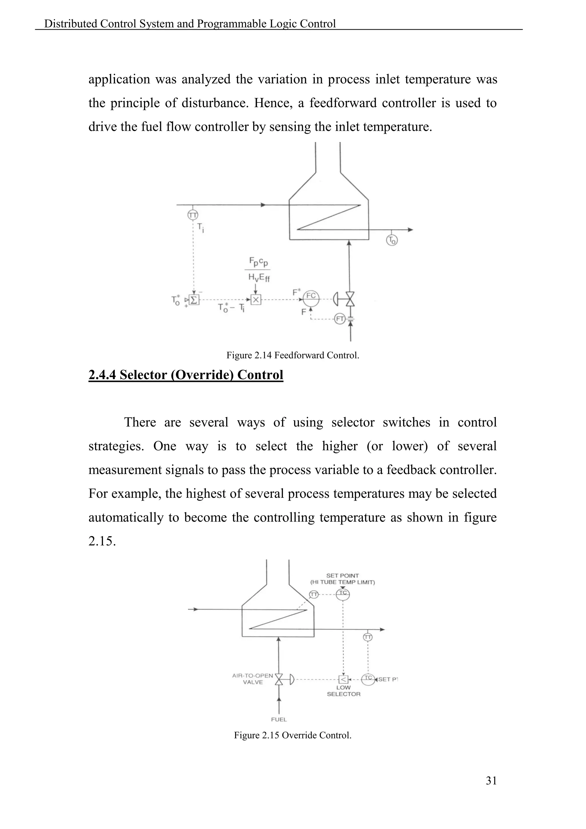 Distributed Control System and Programmable Logic Control



        application was analyzed the variation in process inlet temperature was
        the principle of disturbance. Hence, a feedforward controller is used to
        drive the fuel flow controller by sensing the inlet temperature.




                                   Figure 2.14 Feedforward Control.

        2.4.4 Selector (Override) Control


                There are several ways of using selector switches in control
        strategies. One way is to select the higher (or lower) of several
        measurement signals to pass the process variable to a feedback controller.
        For example, the highest of several process temperatures may be selected
        automatically to become the controlling temperature as shown in figure
        2.15.




                                     Figure 2.15 Override Control.



                                                                               31
 