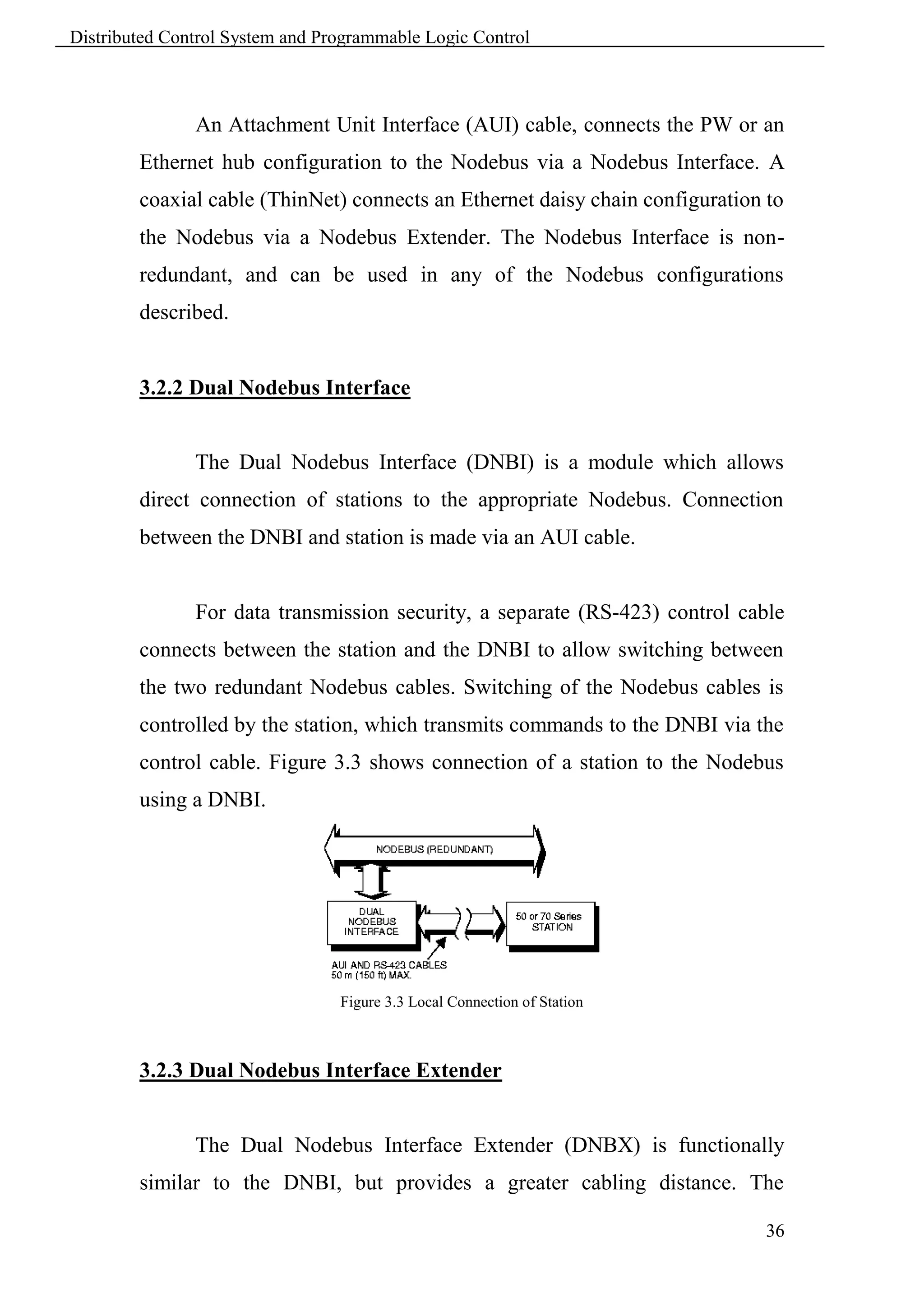 Distributed Control System and Programmable Logic Control



               An Attachment Unit Interface (AUI) cable, connects the PW or an
        Ethernet hub configuration to the Nodebus via a Nodebus Interface. A
        coaxial cable (ThinNet) connects an Ethernet daisy chain configuration to
        the Nodebus via a Nodebus Extender. The Nodebus Interface is non-
        redundant, and can be used in any of the Nodebus configurations
        described.


        3.2.2 Dual Nodebus Interface


               The Dual Nodebus Interface (DNBI) is a module which allows
        direct connection of stations to the appropriate Nodebus. Connection
        between the DNBI and station is made via an AUI cable.


               For data transmission security, a separate (RS-423) control cable
        connects between the station and the DNBI to allow switching between
        the two redundant Nodebus cables. Switching of the Nodebus cables is
        controlled by the station, which transmits commands to the DNBI via the
        control cable. Figure 3.3 shows connection of a station to the Nodebus
        using a DNBI.




                                 Figure 3.3 Local Connection of Station



        3.2.3 Dual Nodebus Interface Extender


               The Dual Nodebus Interface Extender (DNBX) is functionally
        similar to the DNBI, but provides a greater cabling distance. The

                                                                               36
 
