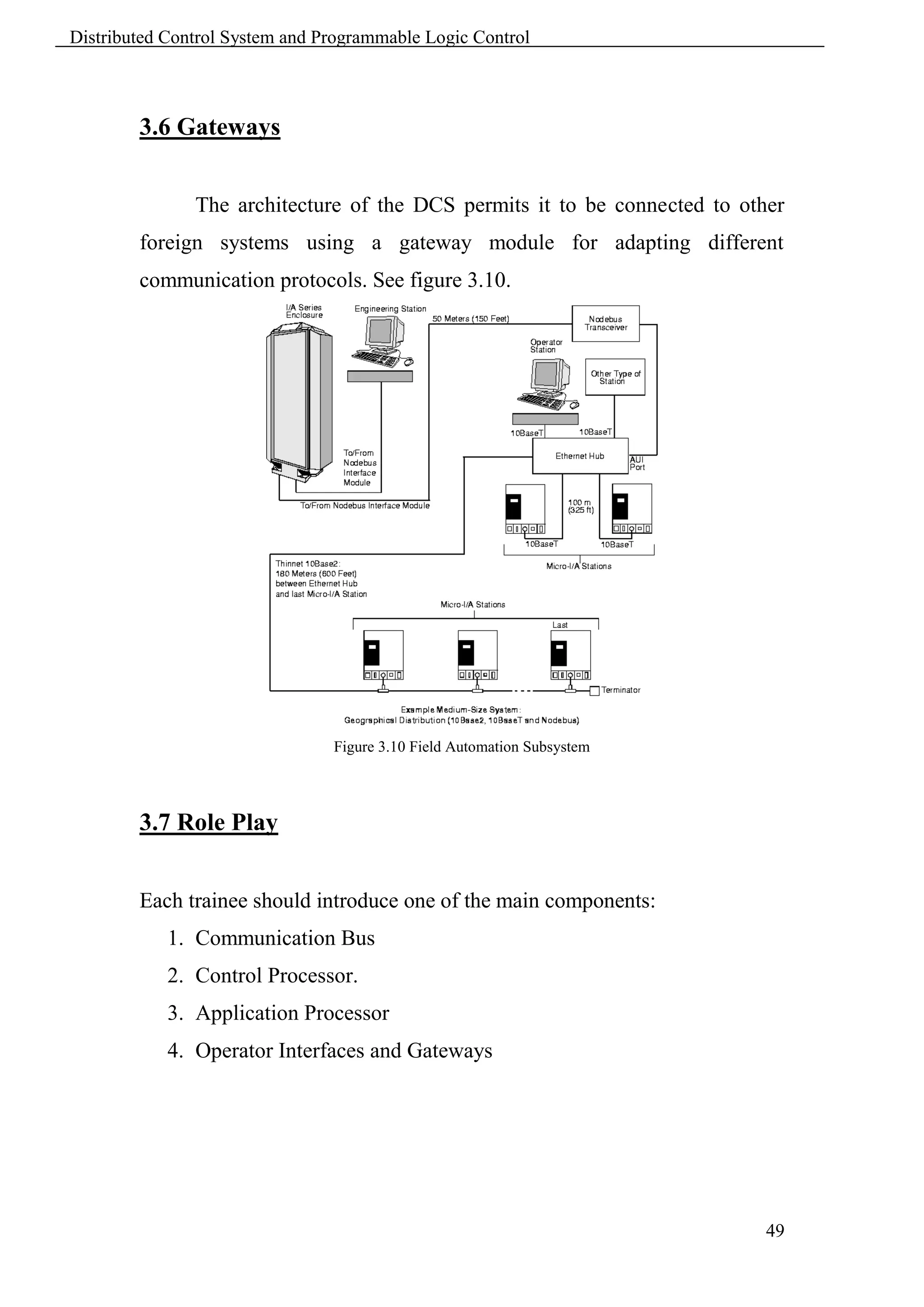 Distributed Control System and Programmable Logic Control



        3.6 Gateways


               The architecture of the DCS permits it to be connected to other
        foreign systems using a gateway module for adapting different
        communication protocols. See figure 3.10.




                                Figure 3.10 Field Automation Subsystem




        3.7 Role Play


        Each trainee should introduce one of the main components:
            1. Communication Bus
            2. Control Processor.
            3. Application Processor
            4. Operator Interfaces and Gateways




                                                                            49
 
