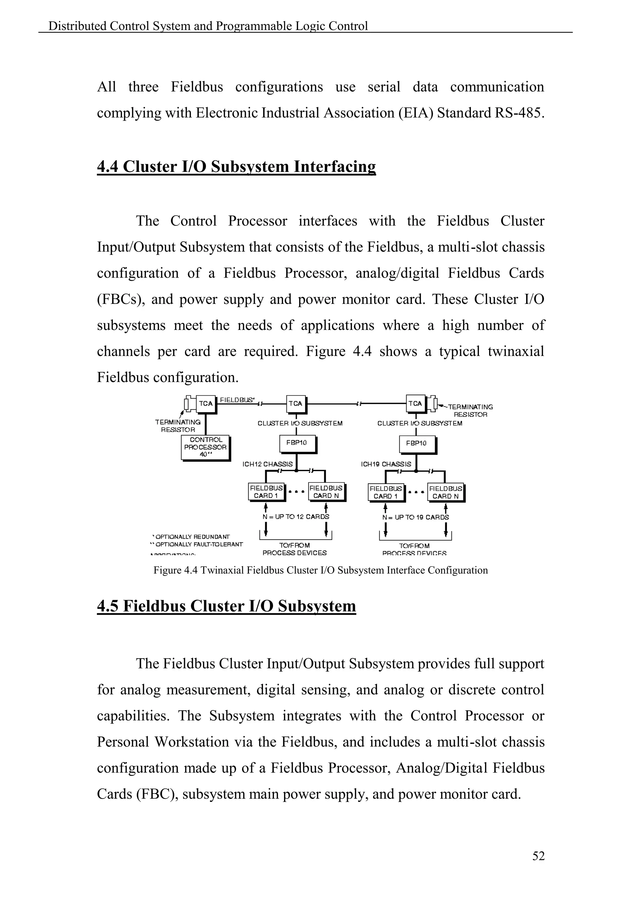 Distributed Control System and Programmable Logic Control



        All three Fieldbus configurations use serial data communication
        complying with Electronic Industrial Association (EIA) Standard RS-485.


        4.4 Cluster I/O Subsystem Interfacing


               The Control Processor interfaces with the Fieldbus Cluster
        Input/Output Subsystem that consists of the Fieldbus, a multi-slot chassis
        configuration of a Fieldbus Processor, analog/digital Fieldbus Cards
        (FBCs), and power supply and power monitor card. These Cluster I/O
        subsystems meet the needs of applications where a high number of
        channels per card are required. Figure 4.4 shows a typical twinaxial
        Fieldbus configuration.




                  Figure 4.4 Twinaxial Fieldbus Cluster I/O Subsystem Interface Configuration


        4.5 Fieldbus Cluster I/O Subsystem


               The Fieldbus Cluster Input/Output Subsystem provides full support
        for analog measurement, digital sensing, and analog or discrete control
        capabilities. The Subsystem integrates with the Control Processor or
        Personal Workstation via the Fieldbus, and includes a multi-slot chassis
        configuration made up of a Fieldbus Processor, Analog/Digital Fieldbus
        Cards (FBC), subsystem main power supply, and power monitor card.



                                                                                                52
 
