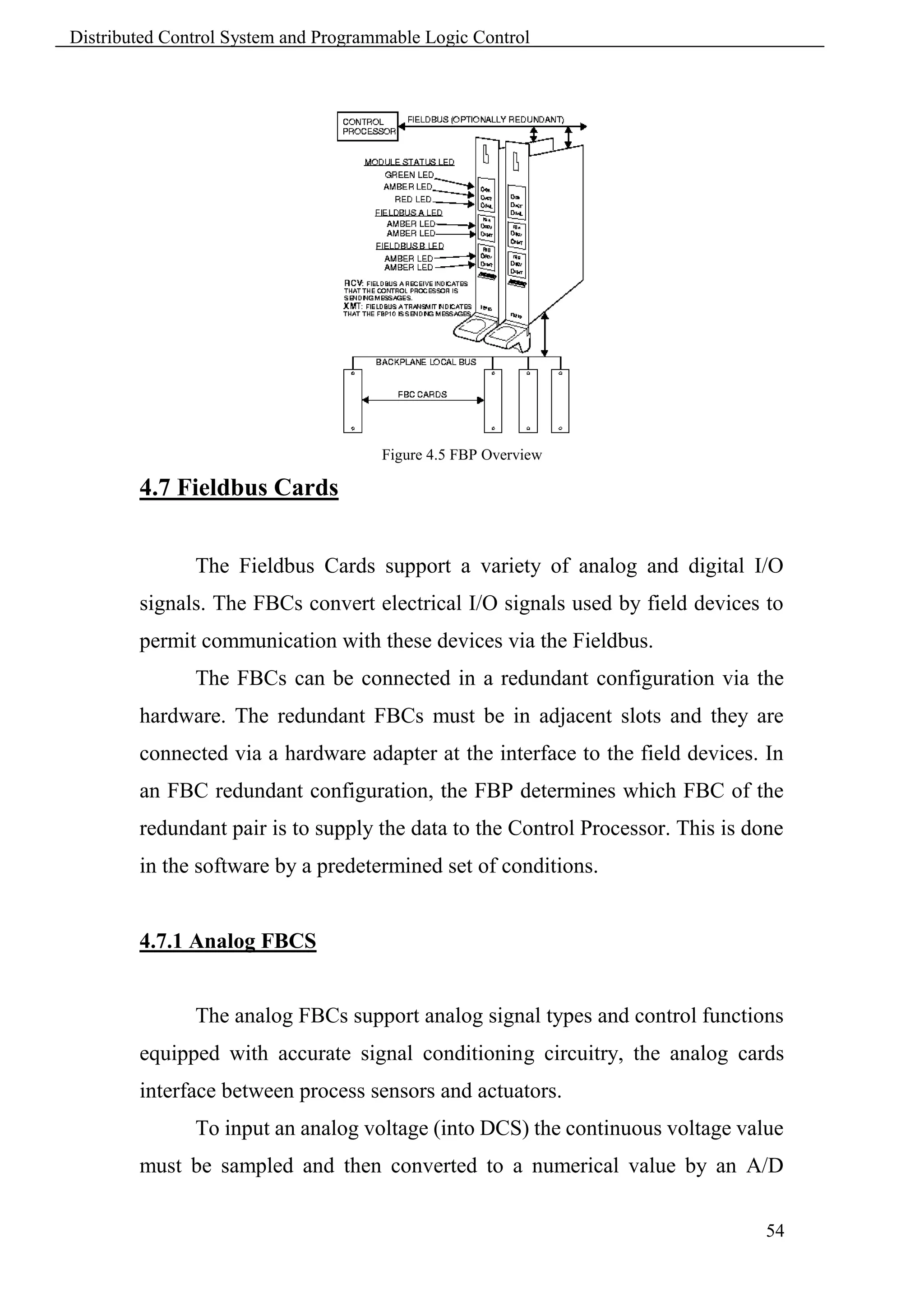 Distributed Control System and Programmable Logic Control




                                      Figure 4.5 FBP Overview

        4.7 Fieldbus Cards


               The Fieldbus Cards support a variety of analog and digital I/O
        signals. The FBCs convert electrical I/O signals used by field devices to
        permit communication with these devices via the Fieldbus.
               The FBCs can be connected in a redundant configuration via the
        hardware. The redundant FBCs must be in adjacent slots and they are
        connected via a hardware adapter at the interface to the field devices. In
        an FBC redundant configuration, the FBP determines which FBC of the
        redundant pair is to supply the data to the Control Processor. This is done
        in the software by a predetermined set of conditions.


        4.7.1 Analog FBCS


               The analog FBCs support analog signal types and control functions
        equipped with accurate signal conditioning circuitry, the analog cards
        interface between process sensors and actuators.
               To input an analog voltage (into DCS) the continuous voltage value
        must be sampled and then converted to a numerical value by an A/D

                                                                                54
 