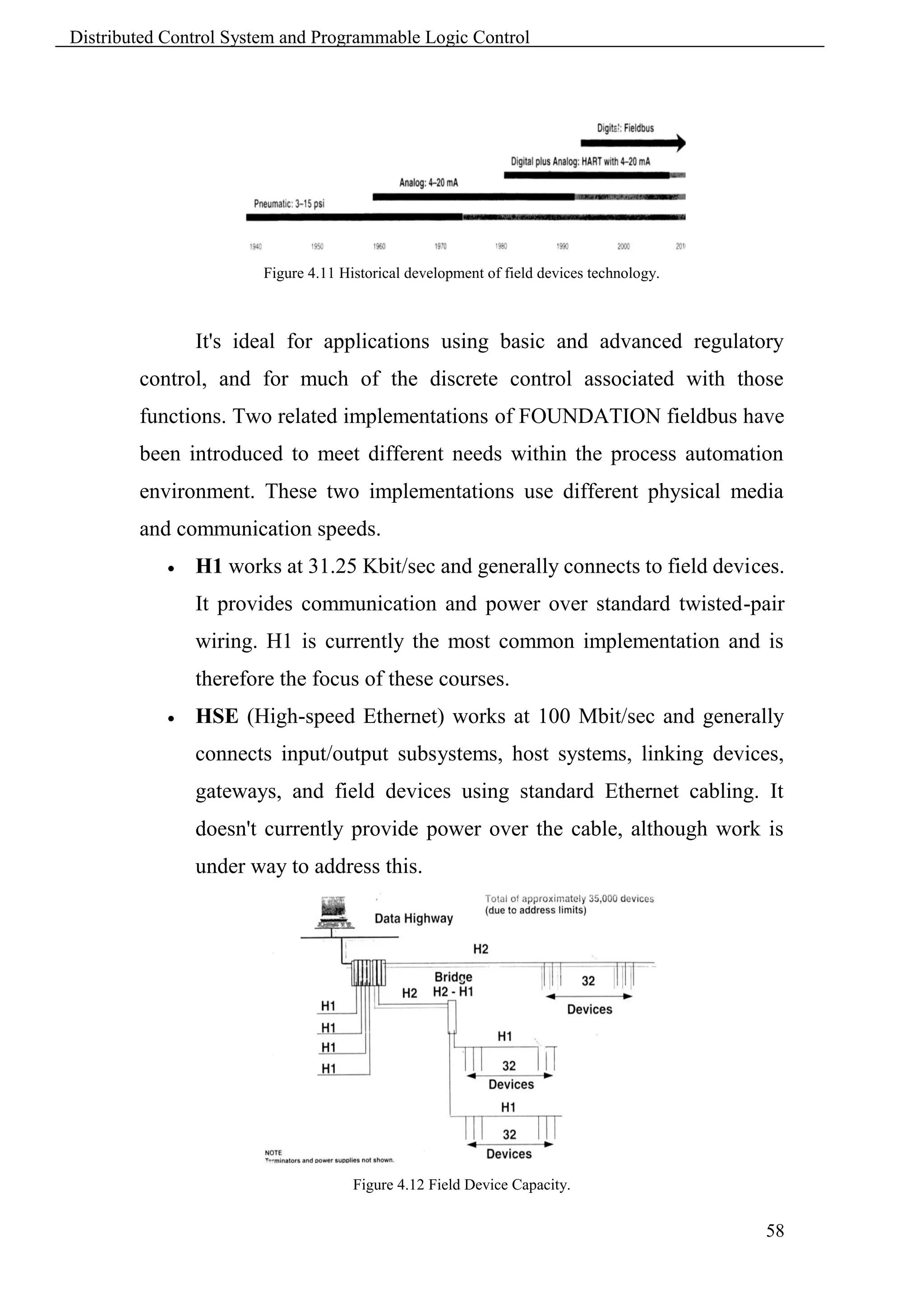 Distributed Control System and Programmable Logic Control




                        Figure 4.11 Historical development of field devices technology.



                It's ideal for applications using basic and advanced regulatory
        control, and for much of the discrete control associated with those
        functions. Two related implementations of FOUNDATION fieldbus have
        been introduced to meet different needs within the process automation
        environment. These two implementations use different physical media
        and communication speeds.
               H1 works at 31.25 Kbit/sec and generally connects to field devices.
                It provides communication and power over standard twisted-pair
                wiring. H1 is currently the most common implementation and is
                therefore the focus of these courses.
               HSE (High-speed Ethernet) works at 100 Mbit/sec and generally
                connects input/output subsystems, host systems, linking devices,
                gateways, and field devices using standard Ethernet cabling. It
                doesn't currently provide power over the cable, although work is
                under way to address this.




                                      Figure 4.12 Field Device Capacity.


                                                                                          58
 