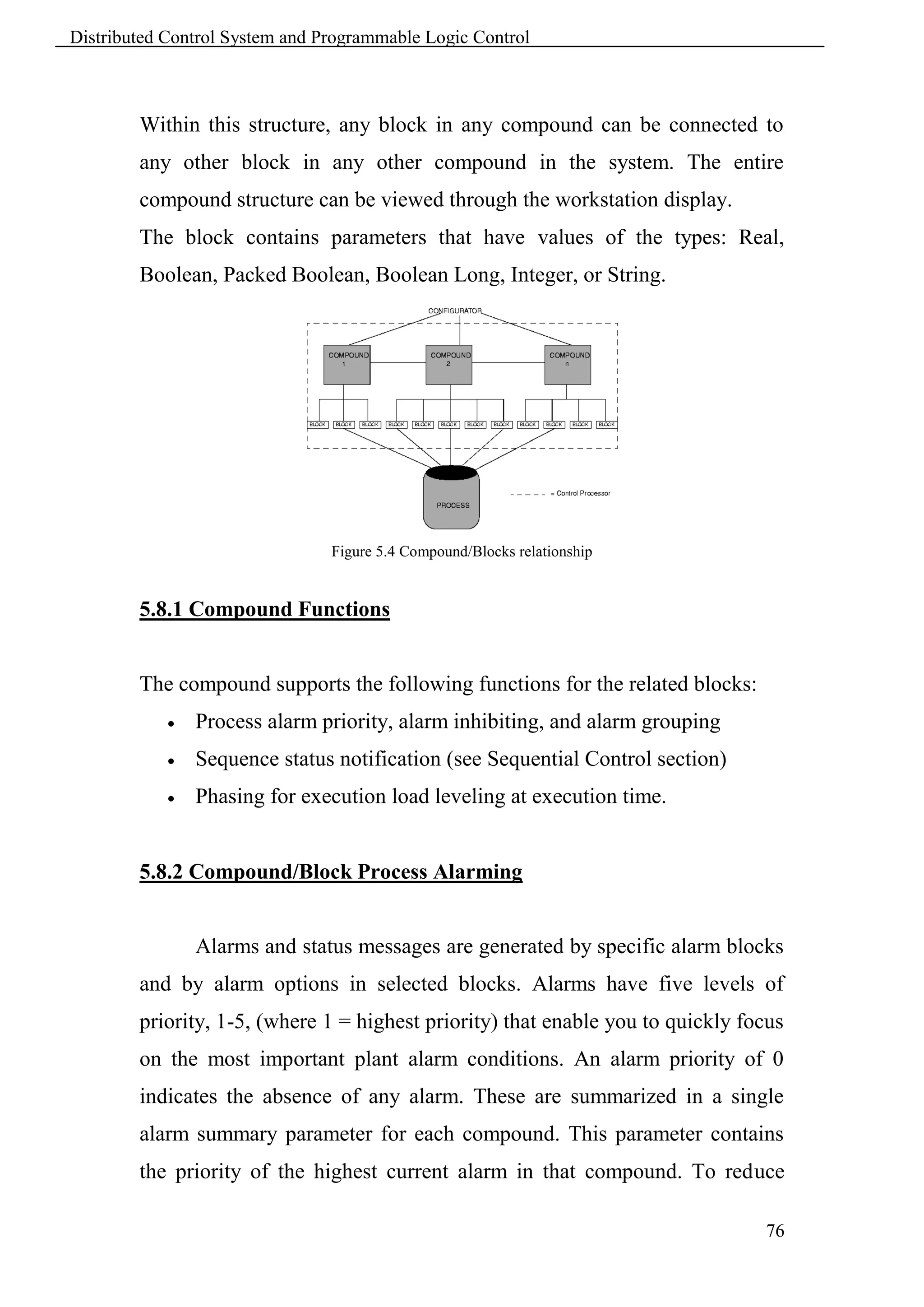 Distributed Control System and Programmable Logic Control



        Within this structure, any block in any compound can be connected to
        any other block in any other compound in the system. The entire
        compound structure can be viewed through the workstation display.
        The block contains parameters that have values of the types: Real,
        Boolean, Packed Boolean, Boolean Long, Integer, or String.




                                Figure 5.4 Compound/Blocks relationship


        5.8.1 Compound Functions


        The compound supports the following functions for the related blocks:
               Process alarm priority, alarm inhibiting, and alarm grouping
               Sequence status notification (see Sequential Control section)
               Phasing for execution load leveling at execution time.


        5.8.2 Compound/Block Process Alarming


                Alarms and status messages are generated by specific alarm blocks
        and by alarm options in selected blocks. Alarms have five levels of
        priority, 1-5, (where 1 = highest priority) that enable you to quickly focus
        on the most important plant alarm conditions. An alarm priority of 0
        indicates the absence of any alarm. These are summarized in a single
        alarm summary parameter for each compound. This parameter contains
        the priority of the highest current alarm in that compound. To reduce

                                                                                 76
 