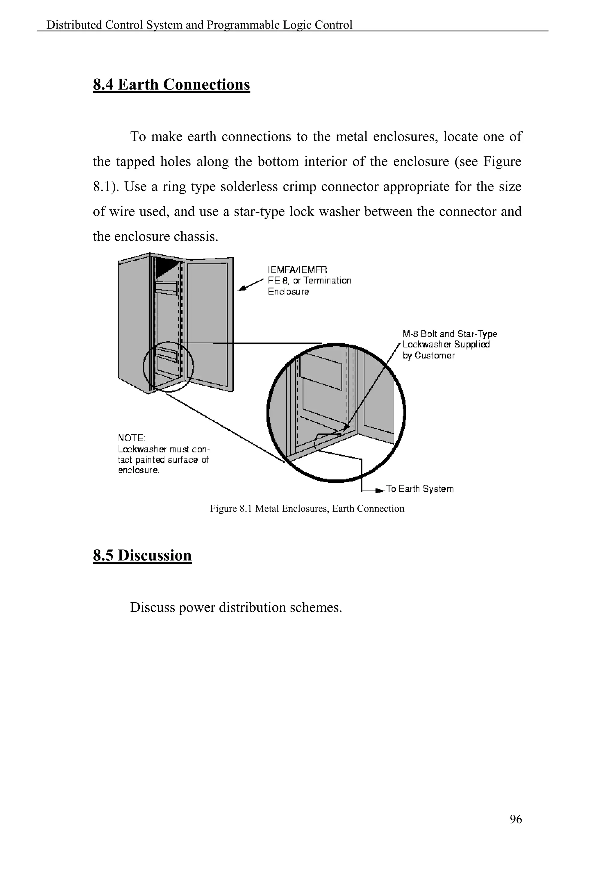 Distributed Control System and Programmable Logic Control



        8.4 Earth Connections


               To make earth connections to the metal enclosures, locate one of
        the tapped holes along the bottom interior of the enclosure (see Figure
        8.1). Use a ring type solderless crimp connector appropriate for the size
        of wire used, and use a star-type lock washer between the connector and
        the enclosure chassis.




                              Figure 8.1 Metal Enclosures, Earth Connection



        8.5 Discussion


               Discuss power distribution schemes.




                                                                               96
 