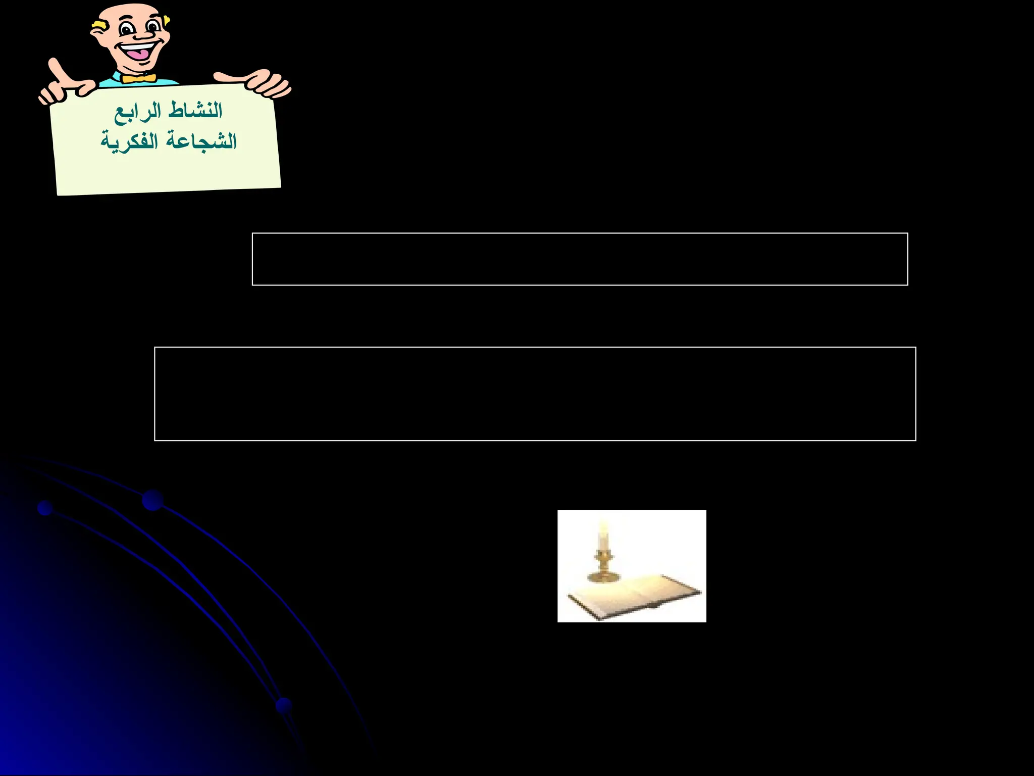 ‫الرابع‬ ‫النشاط‬
‫الفكرية‬ ‫الشجاعة‬
‫؟‬ ‫الفكرية‬ ‫الشجاعة‬ ‫لظاهرة‬ ‫األمثلة‬ ‫بعض‬ ‫اذكر‬
‫بيئتنا‬ ‫في‬ ‫لها‬ ‫الحاجة‬ ‫وما‬ ، ‫طالبك‬ ‫لدى‬ ‫الفكرية‬ ‫الشجاعة‬ ‫تنمي‬ ‫كيف‬
‫؟‬ ‫التربوية‬
 