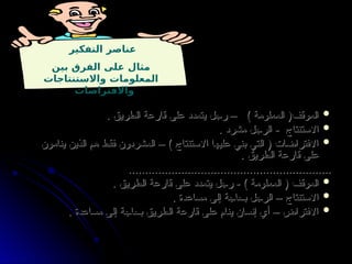 ‫التفكير‬ ‫عناصر‬
‫بين‬ ‫الفرق‬ ‫على‬ ‫مثال‬
‫واالستنتاجات‬ ‫المعلومات‬
‫واالفتراضات‬

. ‫الطريق‬ ‫قارعة‬ ‫على‬ ‫يتمدد‬ ‫رجل‬ – ) ‫المعلومة‬ (‫الموقف‬
. ‫الطريق‬ ‫قارعة‬ ‫على‬ ‫يتمدد‬ ‫رجل‬ – ) ‫المعلومة‬ (‫الموقف‬

. ‫مشرد‬ ‫الرجل‬ - ‫االستنتاج‬
. ‫مشرد‬ ‫الرجل‬ - ‫االستنتاج‬

‫ينامون‬ ‫الذين‬ ‫هم‬ ‫فقط‬ ‫المشردون‬ – ) ‫االستنتاج‬ ‫عليها‬ ‫بني‬ ‫التي‬ ( ‫االفتراضات‬
‫ينامون‬ ‫الذين‬ ‫هم‬ ‫فقط‬ ‫المشردون‬ – ) ‫االستنتاج‬ ‫عليها‬ ‫بني‬ ‫التي‬ ( ‫االفتراضات‬
. ‫الطريق‬ ‫قارعة‬ ‫على‬
. ‫الطريق‬ ‫قارعة‬ ‫على‬
..............................................................
..............................................................

. ‫الطريق‬ ‫قارعة‬ ‫على‬ ‫يتمدد‬ ‫رجل‬ - ) ‫المعلومة‬ ( ‫الموقف‬
. ‫الطريق‬ ‫قارعة‬ ‫على‬ ‫يتمدد‬ ‫رجل‬ - ) ‫المعلومة‬ ( ‫الموقف‬

. ‫مساعدة‬ ‫إلى‬ ‫بحاجة‬ ‫الرجل‬ – ‫االستنتاج‬
. ‫مساعدة‬ ‫إلى‬ ‫بحاجة‬ ‫الرجل‬ – ‫االستنتاج‬

. ‫مساعدة‬ ‫إلى‬ ‫بحاجة‬ ‫الطريق‬ ‫قارعة‬ ‫على‬ ‫ينام‬ ‫إنسان‬ ‫أي‬ – ‫االفتراض‬
. ‫مساعدة‬ ‫إلى‬ ‫بحاجة‬ ‫الطريق‬ ‫قارعة‬ ‫على‬ ‫ينام‬ ‫إنسان‬ ‫أي‬ – ‫االفتراض‬
 