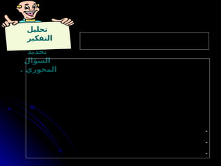 ‫تحليل‬
‫التفكير‬
‫تحديد‬
‫السؤال‬
. ‫المحوري‬
. ‫السليم‬ ‫التفكير‬ ‫إلى‬ ‫يقود‬ ‫المشكلة‬ ‫أو‬ ‫الموقف‬ ‫يجلي‬ ‫الذي‬ ‫السؤال‬
‫بول‬ ‫ريتشارد‬
: ‫تطبيقي‬ ‫مثال‬
: ‫العام‬ ‫البرنامج‬ ‫هدف‬
. ‫التعليم‬ ‫في‬ ‫توظيفها‬ ‫وطرق‬ ، ‫الناقد‬ ‫التفكير‬ ‫مهارات‬ ‫المتدربين‬ ‫اكساب‬
: ‫المحورية‬ ‫األسئلة‬
‫؟‬ ‫للبرنامج‬ ‫العلمي‬ ‫المحتوى‬ ‫عليه‬ ‫يبنى‬ ‫سوف‬ ‫الذي‬ ‫الناقد‬ ‫التفكير‬ ‫مفهوم‬ ‫هو‬ ‫ما‬ -
‫؟‬ ‫التعليمية‬ ‫للبيئة‬ ‫مناسبة‬ ‫وتكون‬ ‫البرنامج؟‬ ‫في‬ ‫تطرح‬ ‫سوف‬ ‫التي‬ ‫المهارات‬ ‫ماهي‬ -
-
‫؟‬ ‫المهارات‬ ‫هذه‬ ‫المتدربين‬ ‫إكساب‬ ‫طرق‬ ‫ماهي‬
-
‫؟‬ ‫تعليمية‬ ‫مواقف‬ ‫في‬ ‫المهارات‬ ‫هذه‬ ‫توظيف‬ ‫استراتيجيات‬ ‫ماهي‬
-
‫؟‬ ‫البرنامج‬ ‫في‬ ‫الجديد‬ ‫هو‬ ‫ما‬ -
 