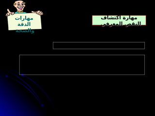 ‫مهارات‬
‫الدقة‬
‫والصحة‬
‫اكتشاف‬ ‫مهارة‬
‫اكتشاف‬ ‫مهارة‬
‫المعرفي‬ ‫النقص‬
‫المعرفي‬ ‫النقص‬
‫التربية‬ ‫مجال‬ ‫في‬ ‫منه‬ ‫نعاني‬ ‫وما‬ ، ‫فاعلين‬ ‫معلمين‬ ‫صنع‬ ‫إلى‬ ‫العمل‬ ‫في‬ ‫اإلخالص‬ ‫يؤدي‬
. ‫كثيرة‬ ‫مشاكل‬ ‫من‬ ‫يعاني‬ ‫تعليمنا‬ ‫جعل‬ ‫ما‬ ‫وهذا‬ ، ‫المخلصين‬ ‫قلة‬ ‫والتعليم‬
‫؟‬ ‫فيها‬ ‫المعرفي‬ ‫النقص‬ ‫مجاالت‬ ‫وحدد‬ ، ‫التالية‬ ‫العبارة‬ ‫ناقش‬
 