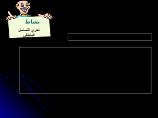 ‫نشاط‬
‫التسلسل‬ ‫تحري‬
‫المنطقي‬
:‫التالية‬ ‫العبارات‬ ‫ناقش‬ ‫مجموعتك‬ ‫أفراد‬ ‫مع‬
‫أن‬ ‫البد‬ ‫؟‬ ‫الثمن‬ ‫غالية‬ ‫الغربية‬ ‫المنطقة‬ ‫في‬ ‫البيوت‬ ‫كل‬ ‫أن‬ ‫الحظت‬ ‫هل‬ : ‫لصديقه‬ ‫يقول‬ ‫محمد‬
. ‫متميز‬ ‫بشكل‬ ‫بنيت‬ ‫جميعها‬
: ‫فيها‬ ‫جاء‬ ‫الحليب‬ ‫إلنتاج‬ )......... ( ‫لشركة‬ ‫التلفزيونية‬ ‫الدعاية‬ ‫في‬
‫متأكدون‬ ‫فنحن‬ ‫لذا‬ ، ‫لهم‬ ‫توفيره‬ ‫يمكنك‬ ‫متكامل‬ ‫غذاء‬ ‫أفضل‬ ‫على‬ ‫الحصول‬ ‫أطفالك‬ ‫حق‬ ‫"من‬
. ‫بالفيتامينات‬ ‫الغني‬ )..... ( ‫حليب‬ ‫لهم‬ ‫ستشتري‬ ‫أنك‬
‫المقدمة‬ ‫بالضرورة‬ ‫تتبع‬ ‫النتيجة‬ ‫كانت‬ ‫إذا‬ ‫فيما‬ ‫الحكم‬ ‫مهارة‬
 