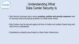 Understanding What
Data Center Security Is
• Data Security discusses about various practices, policies and security measures used
for ensuring virtual and physical protection of a Data Center Facility
• Data Centers must be secured against all forms of insider and outsider threats along with
other forms of cyberattacks
• Cyberattacks constantly pose threats to a Data Center infrastructure
 