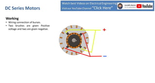 Working
• Wiring connection of burses.
• Two brushes are given Positive
voltage and two are given negative.
DC Series Motors
 