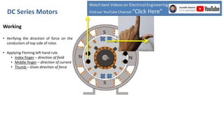 Working
• Verifying the direction of force on the
conductors of top side of rotor.
• Applying Fleming left hand rule.
• Index finger – direction of field
• Middle finger – direction of current
• Thumb – Gives direction of force
DC Series Motors
 