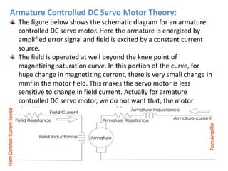 Armature Controlled DC Servo Motor Theory:
The figure below shows the schematic diagram for an armature
controlled DC servo motor. Here the armature is energized by
amplified error signal and field is excited by a constant current
source.
The field is operated at well beyond the knee point of
magnetizing saturation curve. In this portion of the curve, for
huge change in magnetizing current, there is very small change in
mmf in the motor field. This makes the servo motor is less
sensitive to change in field current. Actually for armature
controlled DC servo motor, we do not want that, the motor
should response to any change of field current.
 