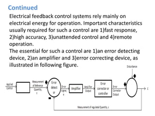 Electrical feedback control systems rely mainly on
electrical energy for operation. Important characteristics
usually required for such a control are 1)fast response,
2)high accuracy, 3)unattended control and 4)remote
operation.
The essential for such a control are 1)an error detecting
device, 2)an amplifier and 3)error correcting device, as
illustrated in following figure.
Continued
 