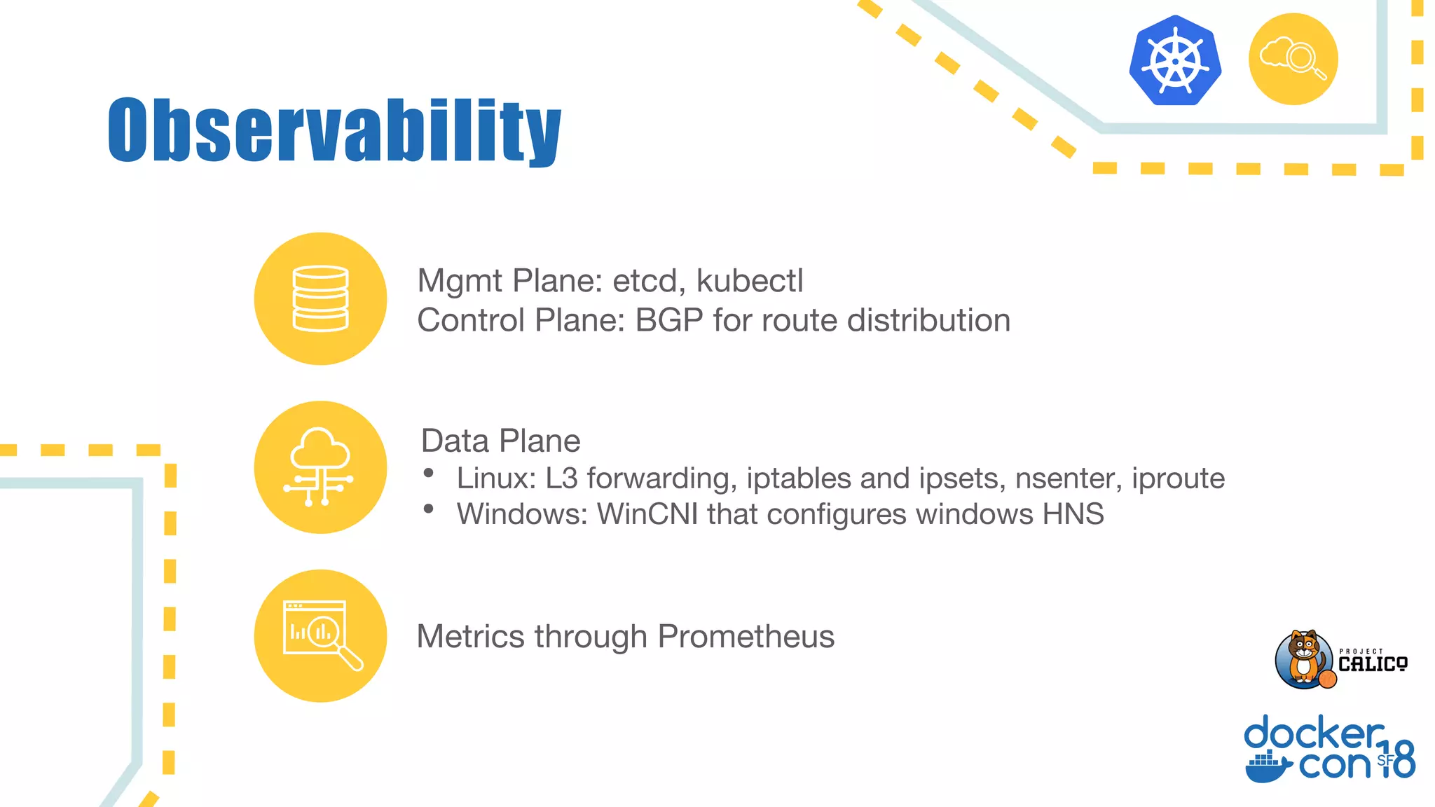 Observability
Mgmt Plane: etcd, kubectl
Control Plane: BGP for route distribution
Metrics through Prometheus
Data Plane
• Linux: L3 forwarding, iptables and ipsets, nsenter, iproute
• Windows: WinCNI that configures windows HNS
 