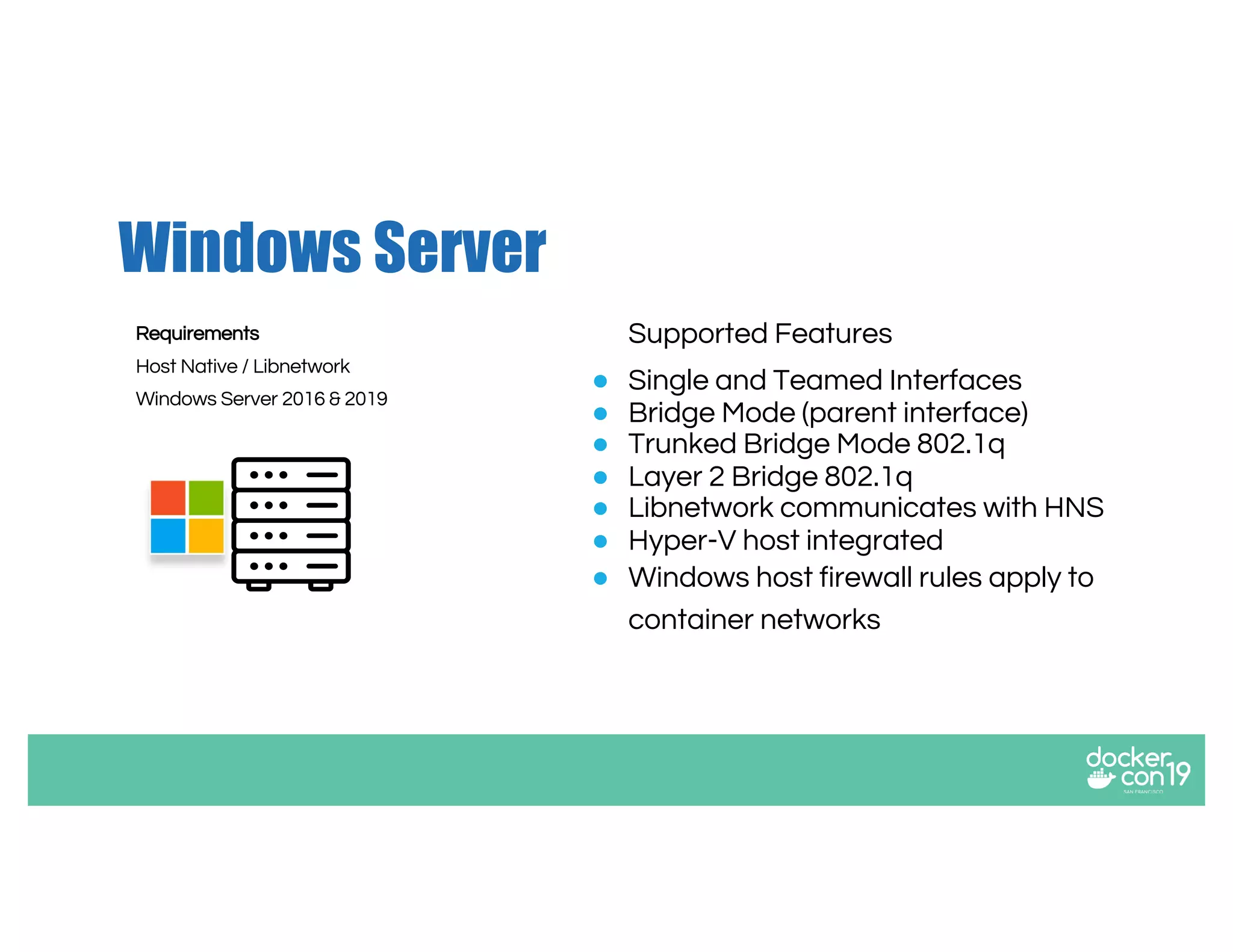 Windows Server
Supported Features
● Single and Teamed Interfaces
● Bridge Mode (parent interface)
● Trunked Bridge Mode 802.1q
● Layer 2 Bridge 802.1q
● Libnetwork communicates with HNS
● Hyper-V host integrated
● Windows host firewall rules apply to
container networks
Requirements
Host Native / Libnetwork
Windows Server 2016 & 2019
 