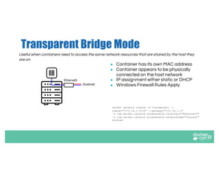 Transparent Bridge Mode
● Container has its own MAC address
● Container appears to be physically
connected on the host network
● IP assignment either static or DHCP
● Windows Firewall Rules Apply
docker network create -d transparent --
subnet="172.16.1.0/24” --gateway="172.16.1.1"
-o com.docker.network.windowsshim.interface="Ethernet0"
-o com.docker.network.windowsshim.networkname="hostnet"
hostnet
Useful when containers need to access the same network resources that are shared by the host they
are on.
(hostnet)
Ethernet0
 