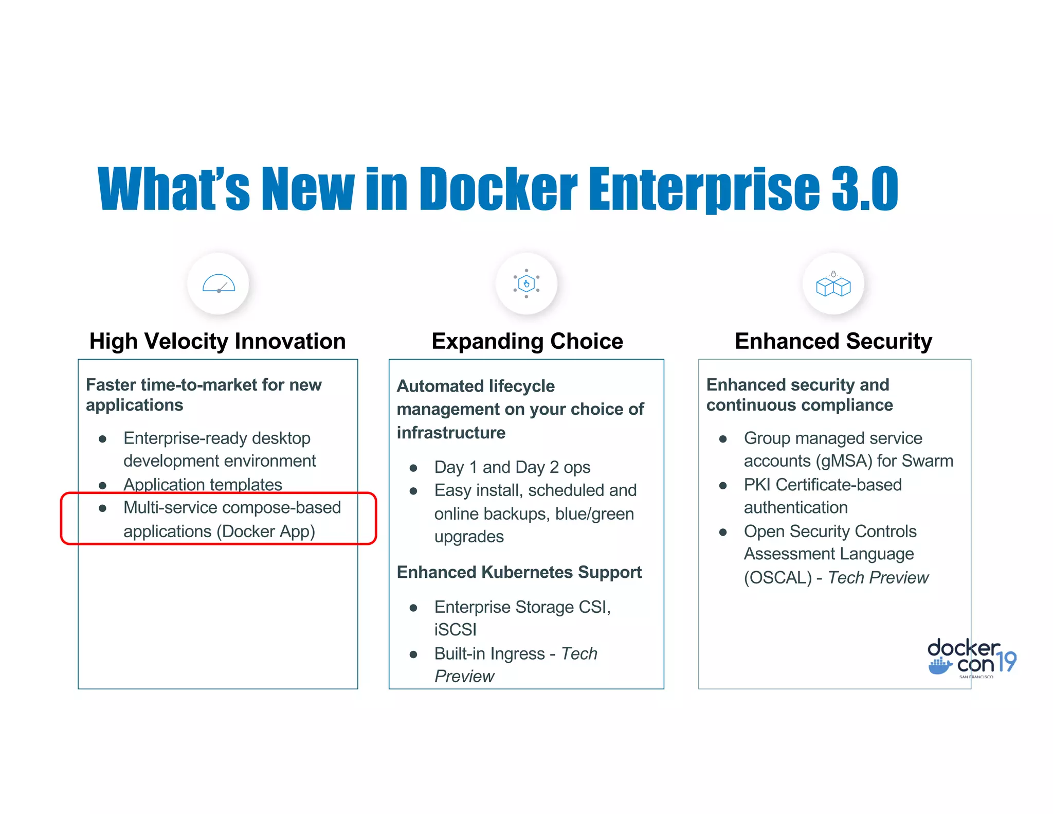 What’s New in Docker Enterprise 3.0
Automated lifecycle
management on your choice of
infrastructure
● Day 1 and Day 2 ops
● Easy install, scheduled and
online backups, blue/green
upgrades
Enhanced Kubernetes Support
● Enterprise Storage CSI,
iSCSI
● Built-in Ingress - Tech
Preview
Faster time-to-market for new
applications
● Enterprise-ready desktop
development environment
● Application templates
● Multi-service compose-based
applications (Docker App)
Enhanced security and
continuous compliance
● Group managed service
accounts (gMSA) for Swarm
● PKI Certificate-based
authentication
● Open Security Controls
Assessment Language
(OSCAL) - Tech Preview
Expanding Choice Enhanced SecurityHigh Velocity Innovation
 