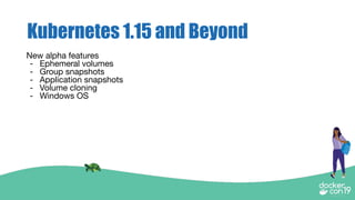 Kubernetes 1.15 and Beyond
New alpha features
- Ephemeral volumes
- Group snapshots
- Application snapshots
- Volume cloning
- Windows OS
 