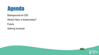Agenda
Background on CSI
What’s New in Kubernetes?
Future
Getting Involved
 