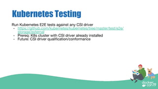 Kubernetes Testing
Run Kubernetes E2E tests against any CSI driver
- https://github.com/kubernetes/kubernetes/tree/master/test/e2e/
storage/external
- Prereq: K8s cluster with CSI driver already installed
- Future: CSI driver qualiﬁcation/conformance
 