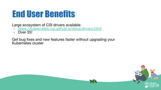 End User Benefits
Large ecosystem of CSI drivers available
- https://kubernetes-csi.github.io/docs/drivers.html
- Over 35!
Get bug ﬁxes and new features faster without upgrading your
Kubernetes cluster
 
