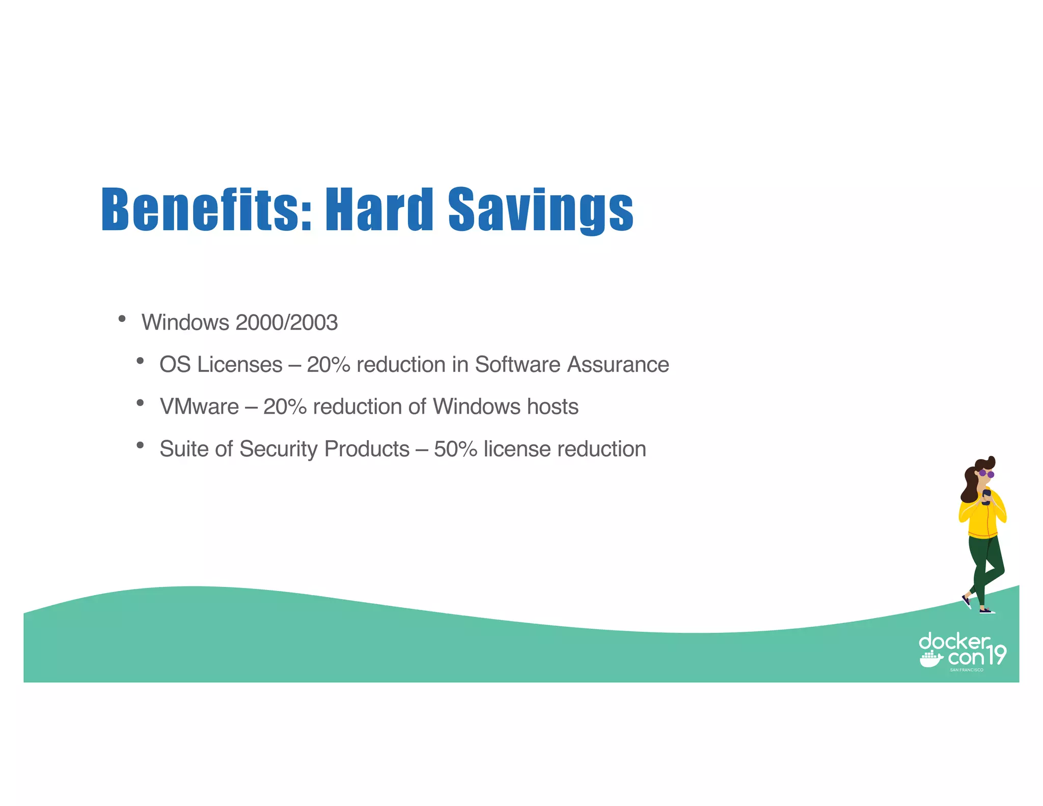 Benefits: Hard Savings • Windows 2000/2003 • OS Licenses – 20% reduction in Software Assurance • VMware – 20% reduction of Windows hosts • Suite of Security Products – 50% license reduction 