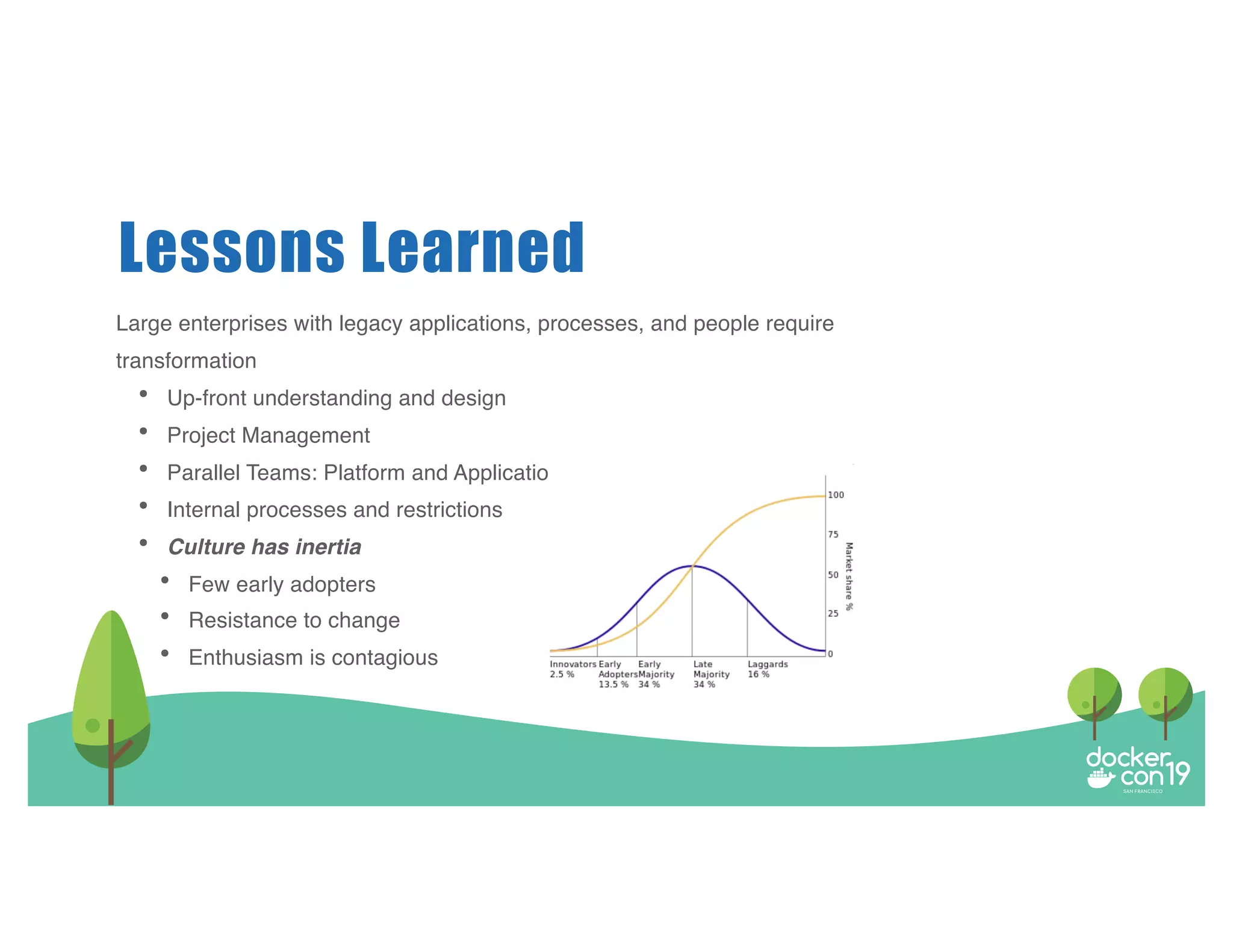 Lessons Learned Large enterprises with legacy applications, processes, and people require transformation • Up-front understanding and design • Project Management • Parallel Teams: Platform and Applications • Internal processes and restrictions • Culture has inertia • Few early adopters • Resistance to change • Enthusiasm is contagious 