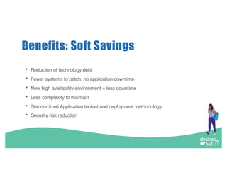 Benefits: Soft Savings
• Reduction of technology debt
• Fewer systems to patch, no application downtime
• New high availability environment = less downtime
• Less complexity to maintain
• Standardized Application toolset and deployment methodology
• Security risk reduction
 